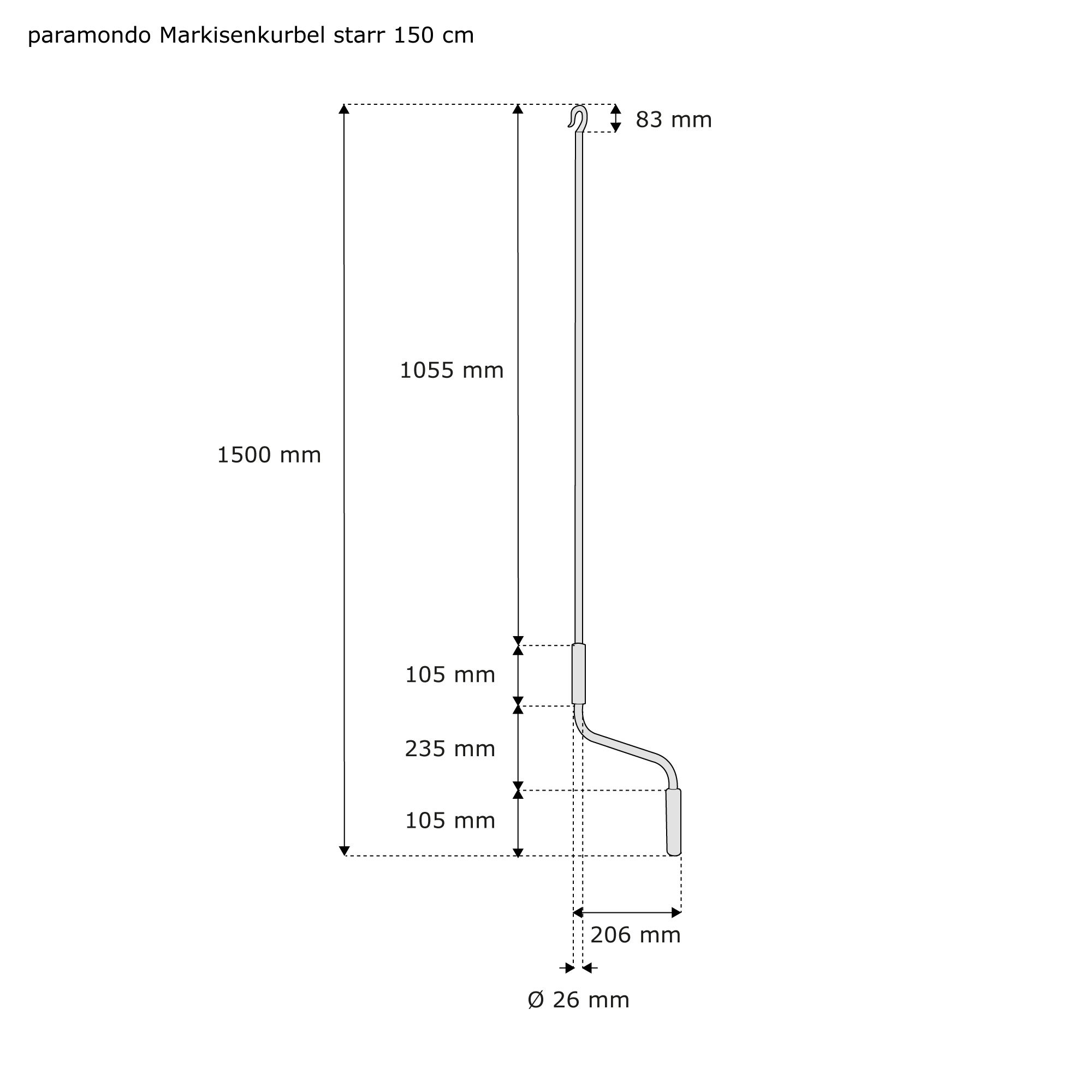 Technische Zeichnung einer starren Markisenkurbel mit Maßen und Hakenende