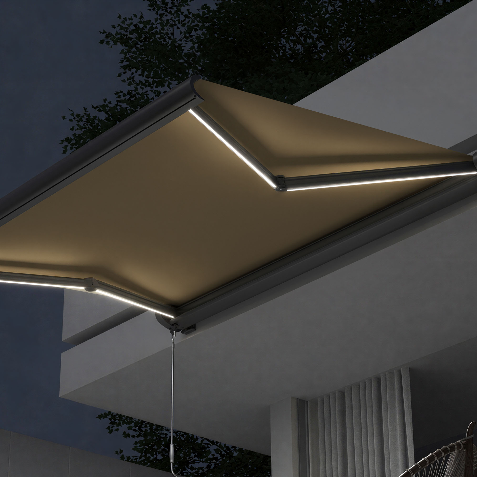 Kassettenmarkise Curve LED | 3,5 x 3 m, anthrazit, Stoff: toffee, Uni