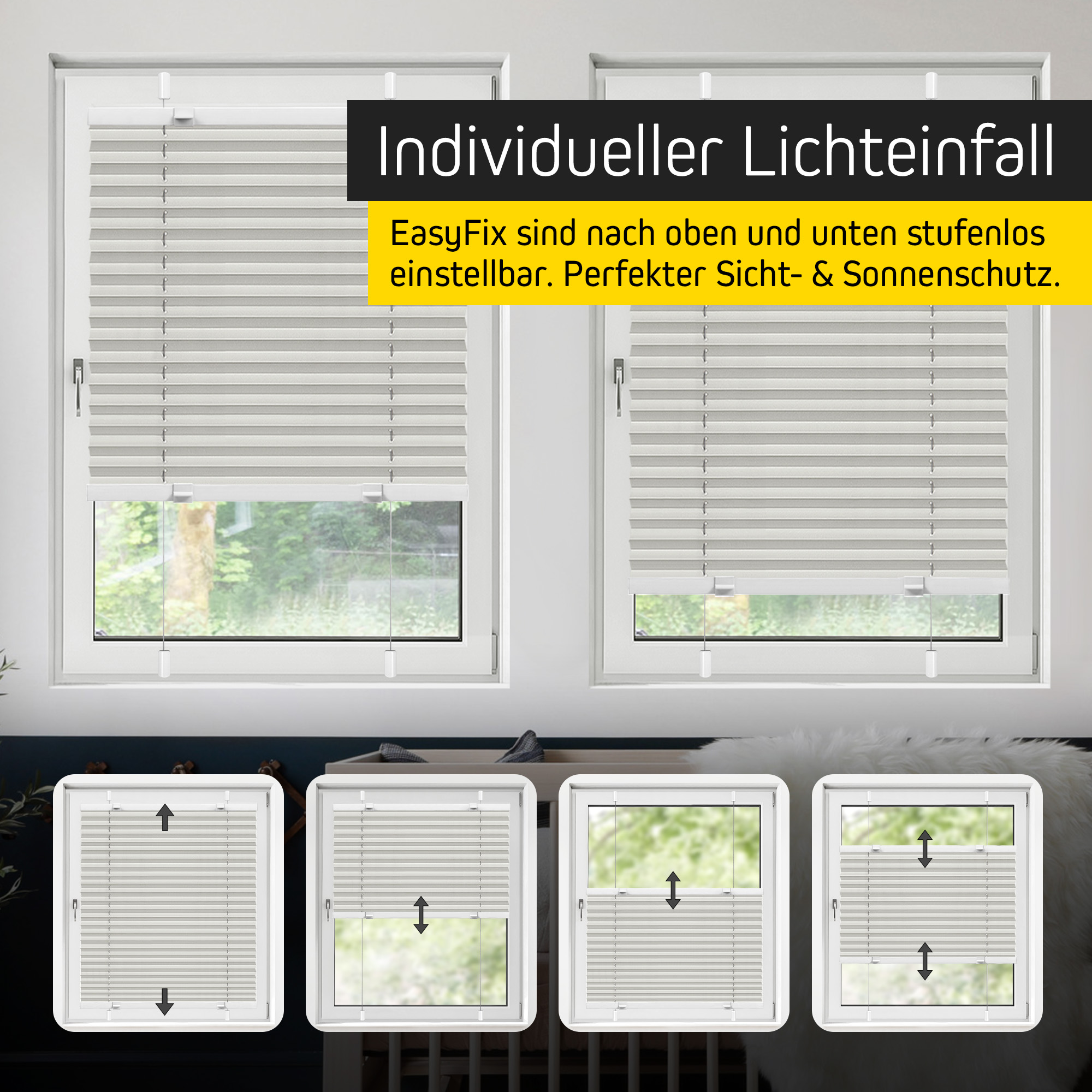 Plissee am Fenster, stufenlos verstellbar für Sicht- und Sonnenschutz