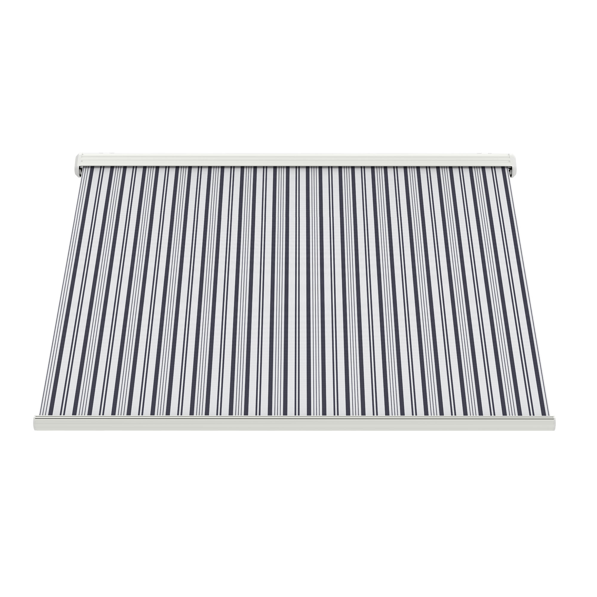 slider_image_0192905ff44f7623afe42c373c30d2ad Markise mit Streifenmuster, ausgerollt, zur Beschattung von Außenbereichen