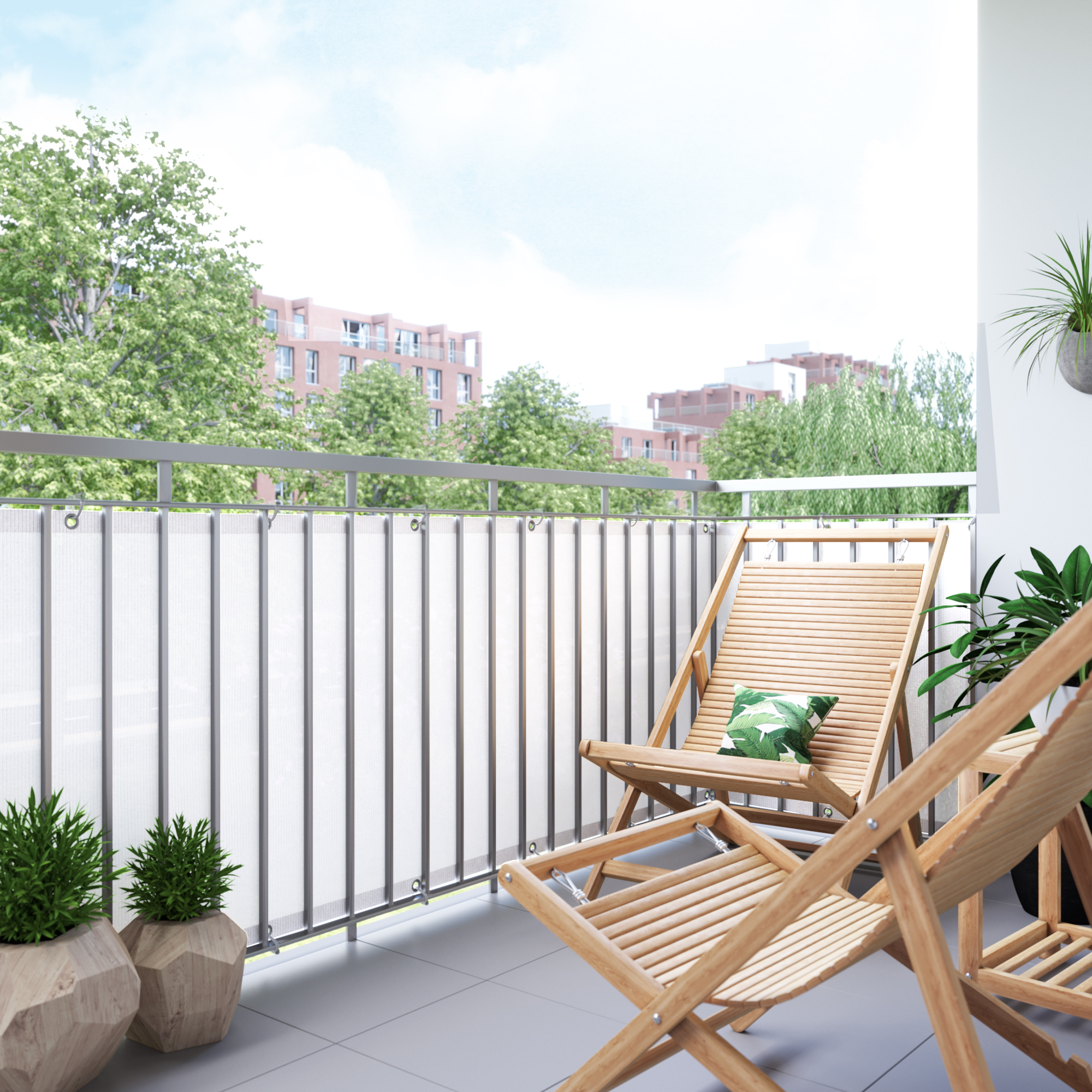 slider_image_01926b79615a723bade99929b1f526de Balkon mit Bespannung aus atmungsaktivem Material, umgeben von Pflanzen und Stühlen