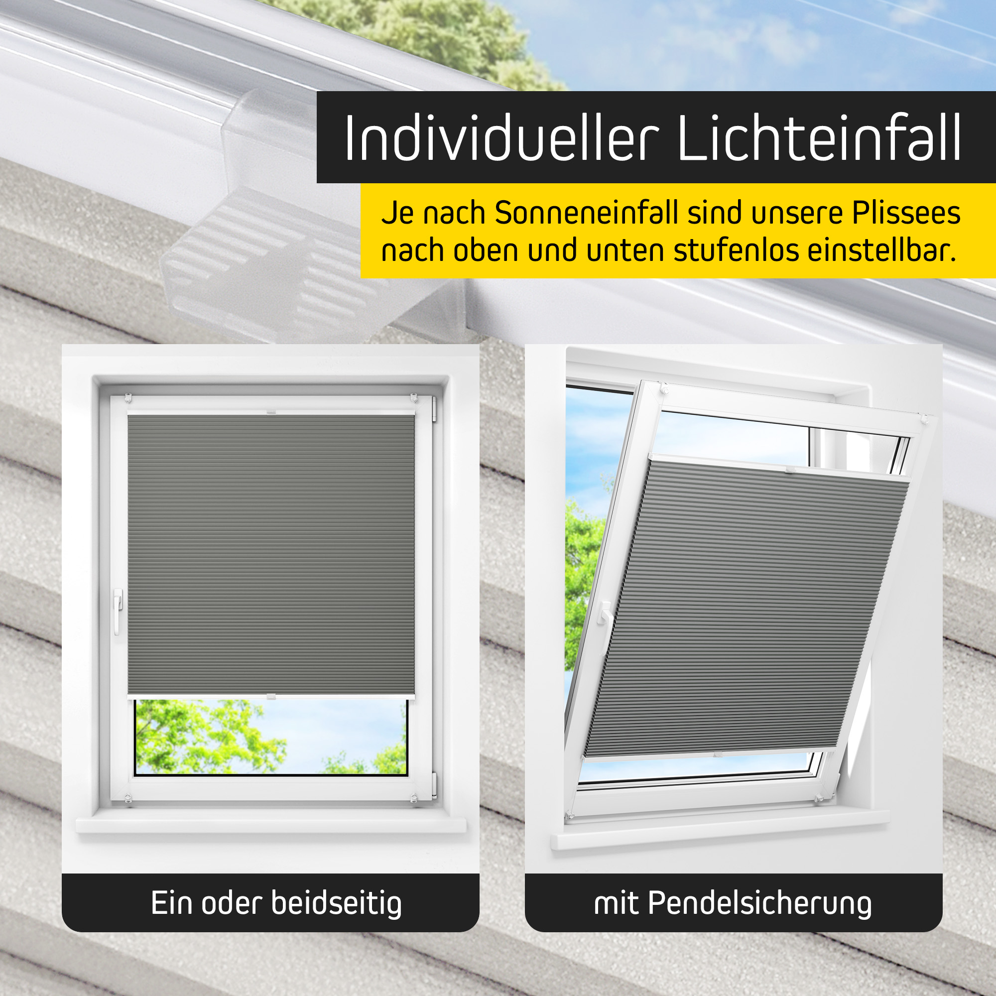 Fenster mit verstellbarem Wabenplissee für individuellen Lichteinfall und Pendelsicherung