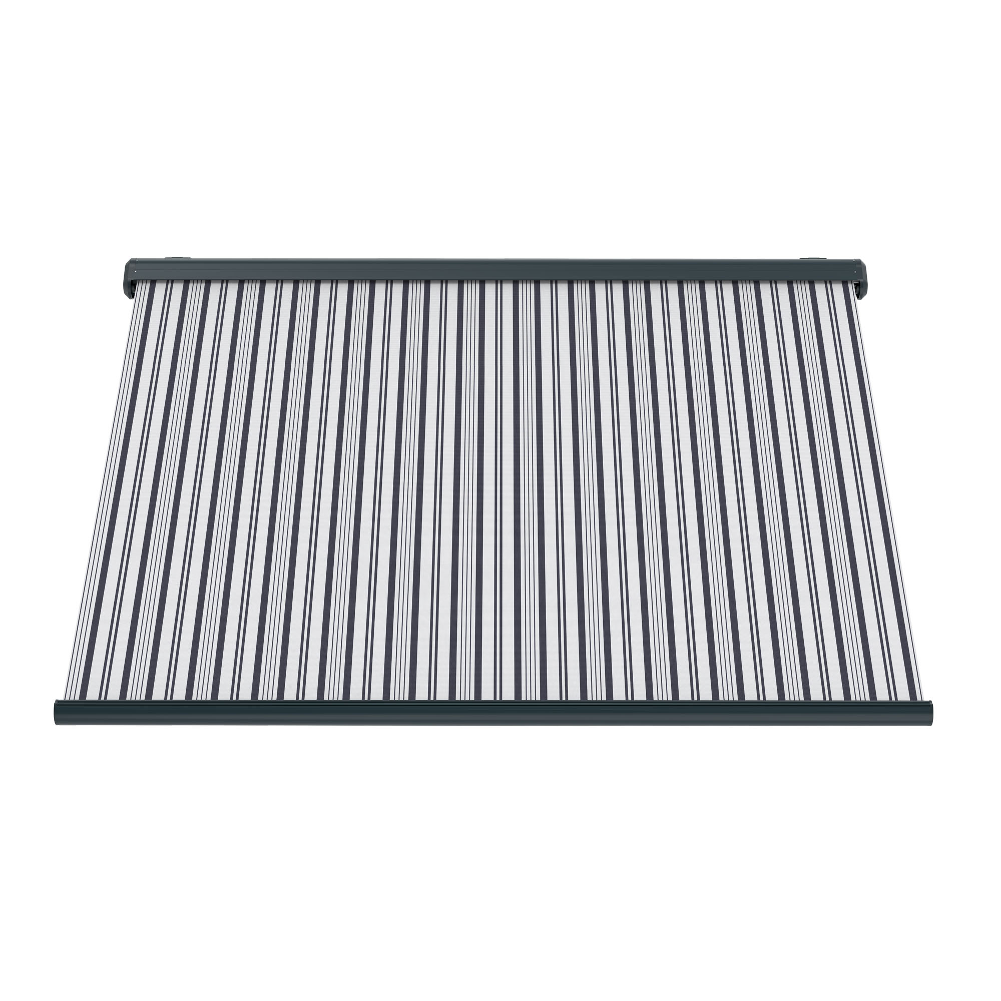 Markise mit Streifenmuster, ausgerollt, zur Beschattung von Außenbereichen