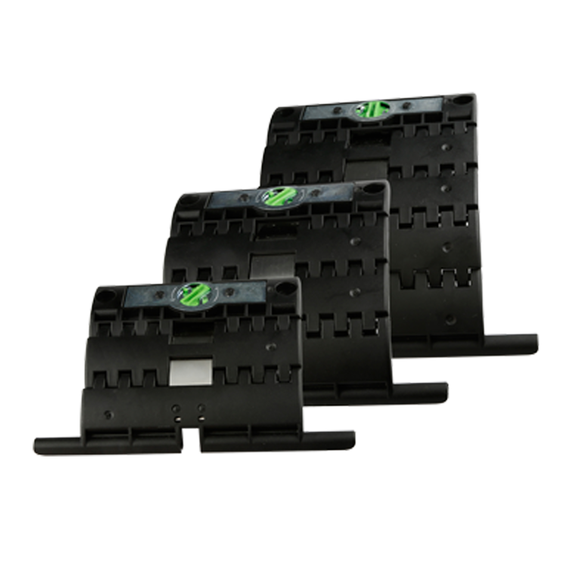 Drei schwarze Hochschiebesicherungen SecuBlock in gestaffelter Anordnung