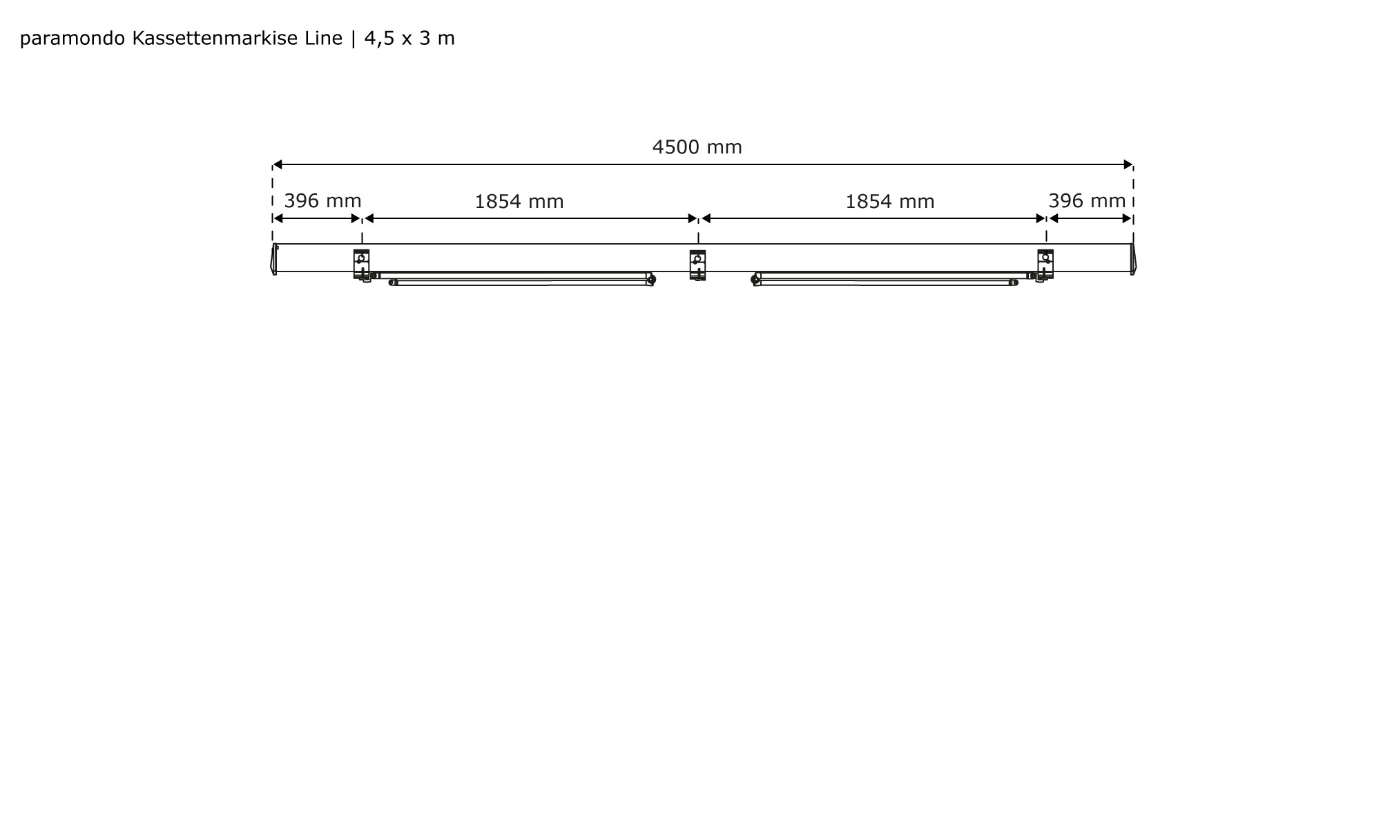 Diagramm einer Kassettenmarkise Line mit Abmessungen und Aufbauansicht