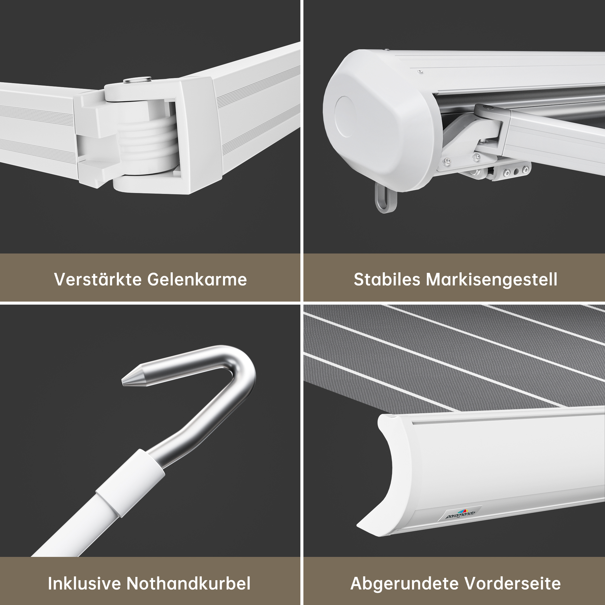 Kassettenmarkise Curve 2000 mit verstärkten Gelenkarmen und abgerundeter Vorderseite