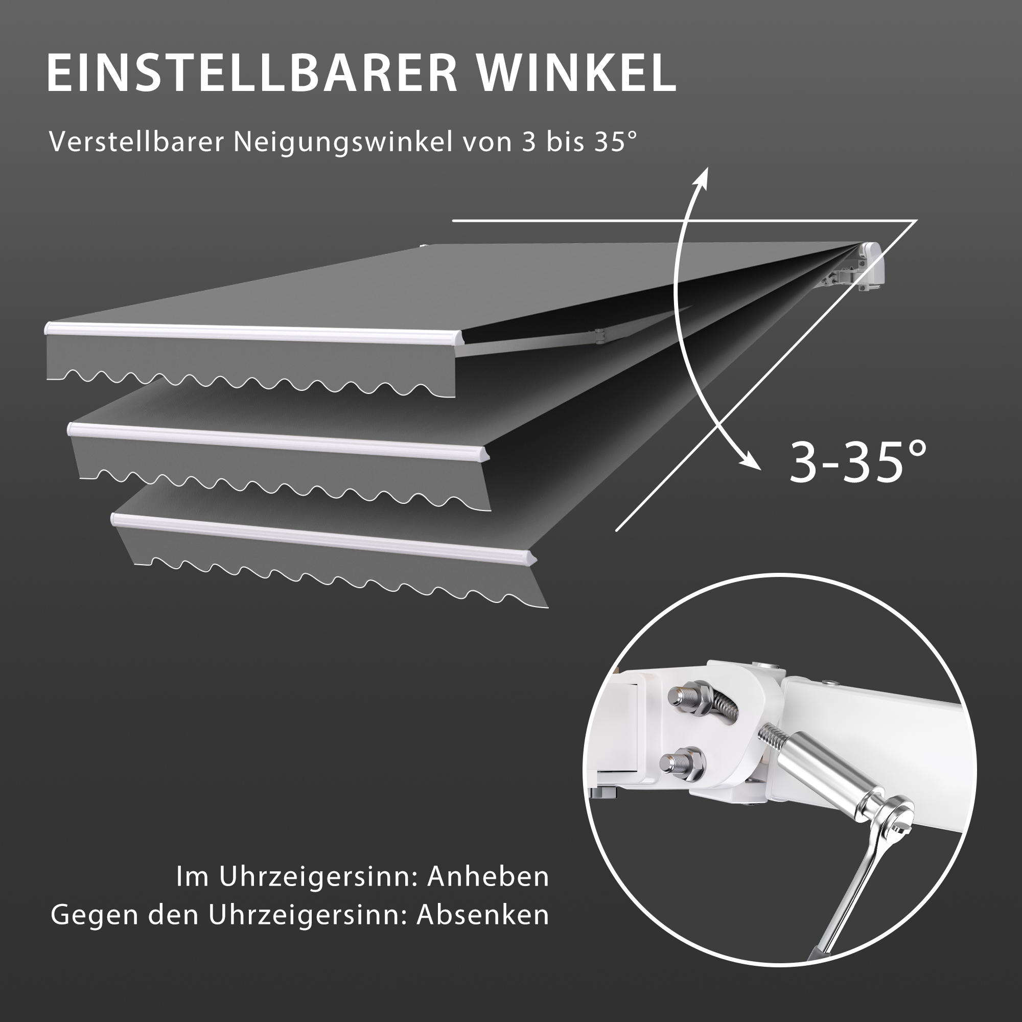 Verstellbare Markise mit Neigungswinkel von 3 bis 35 Grad, Hebelmechanismus zur Einstellung