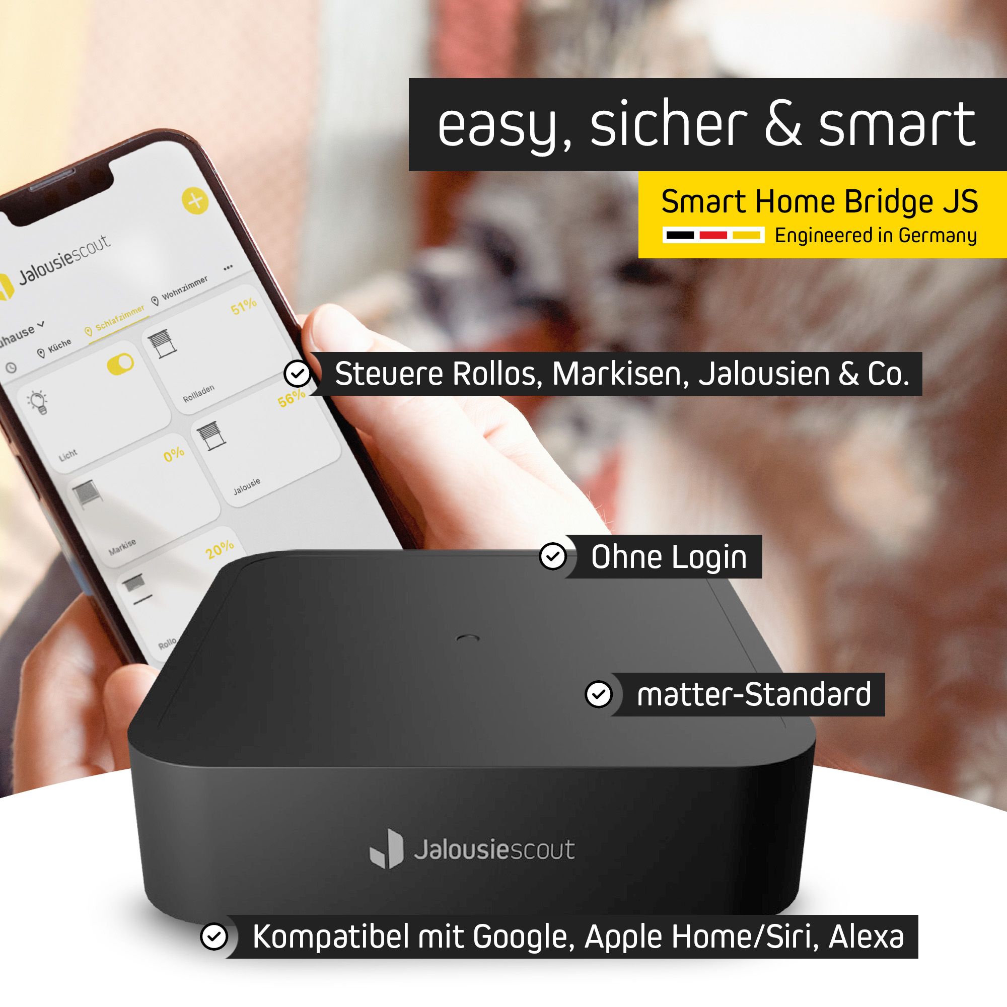 Smart-Home-Bridge JS zur Steuerung von Rollos und Jalousien, kompatibel mit Sprachassistenten