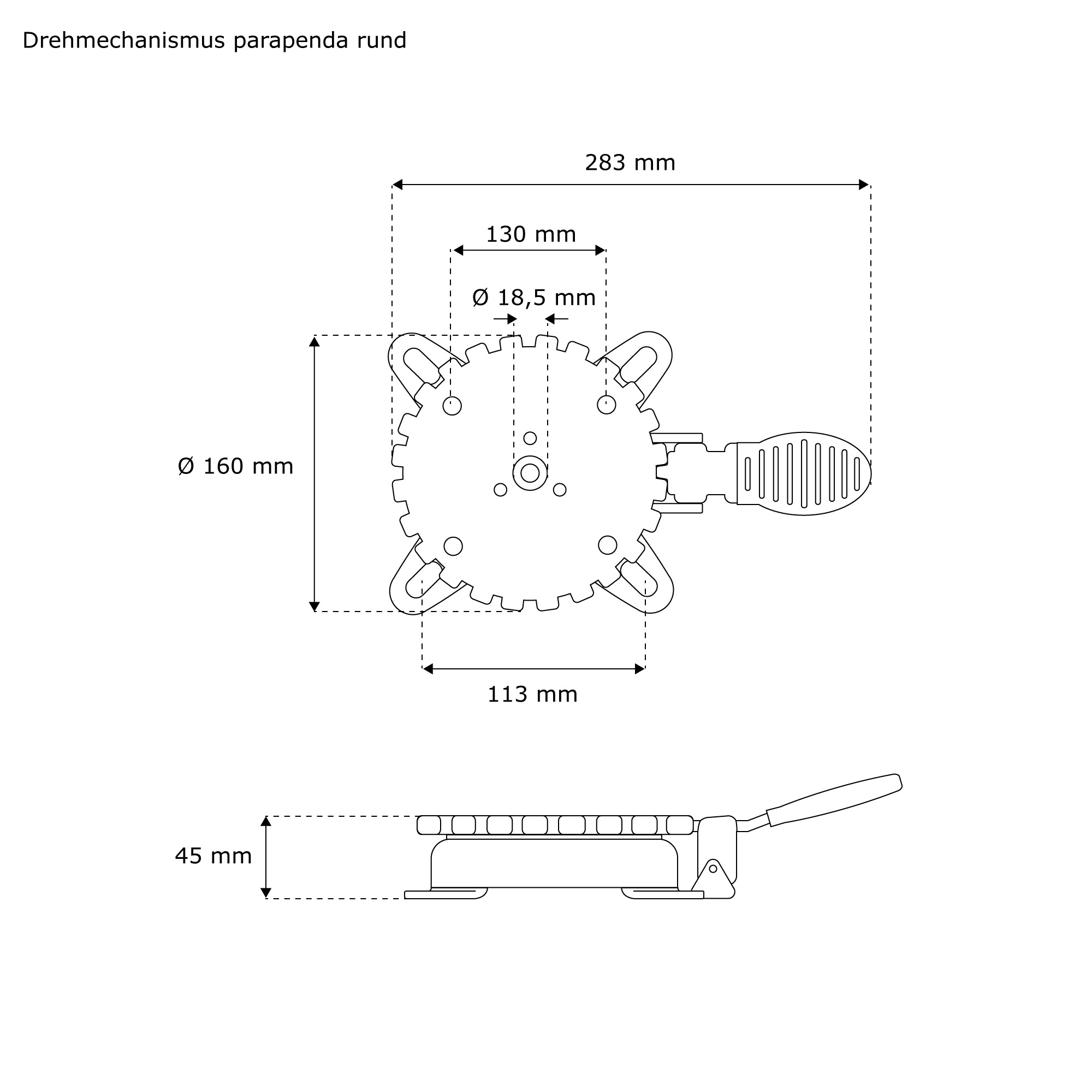 Technische Zeichnung eines Drehmechanismus für einen Ampelschirm mit Maßen und Hebel