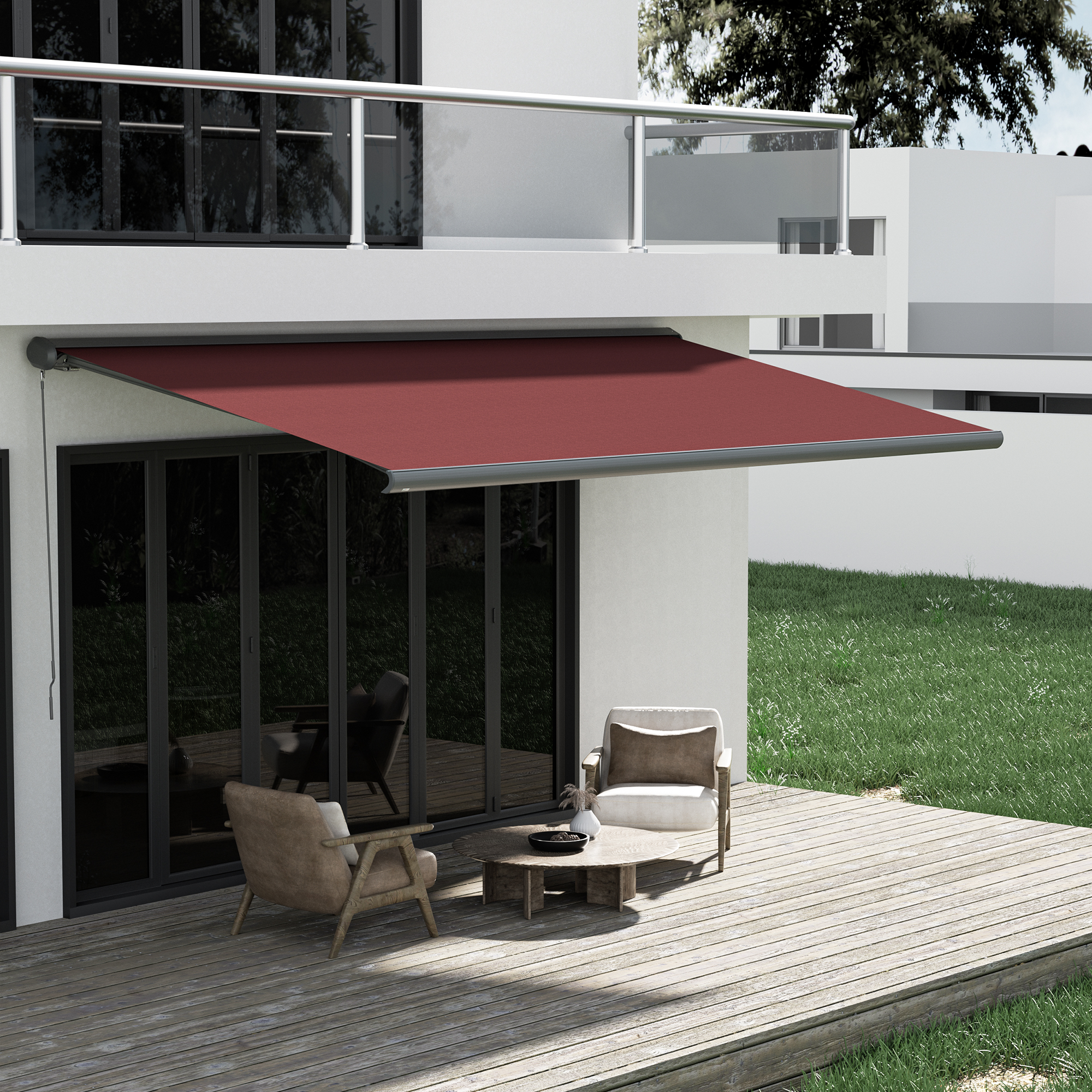 Terrasse mit Markise und Sitzmöbeln vor einem modernen Gebäude