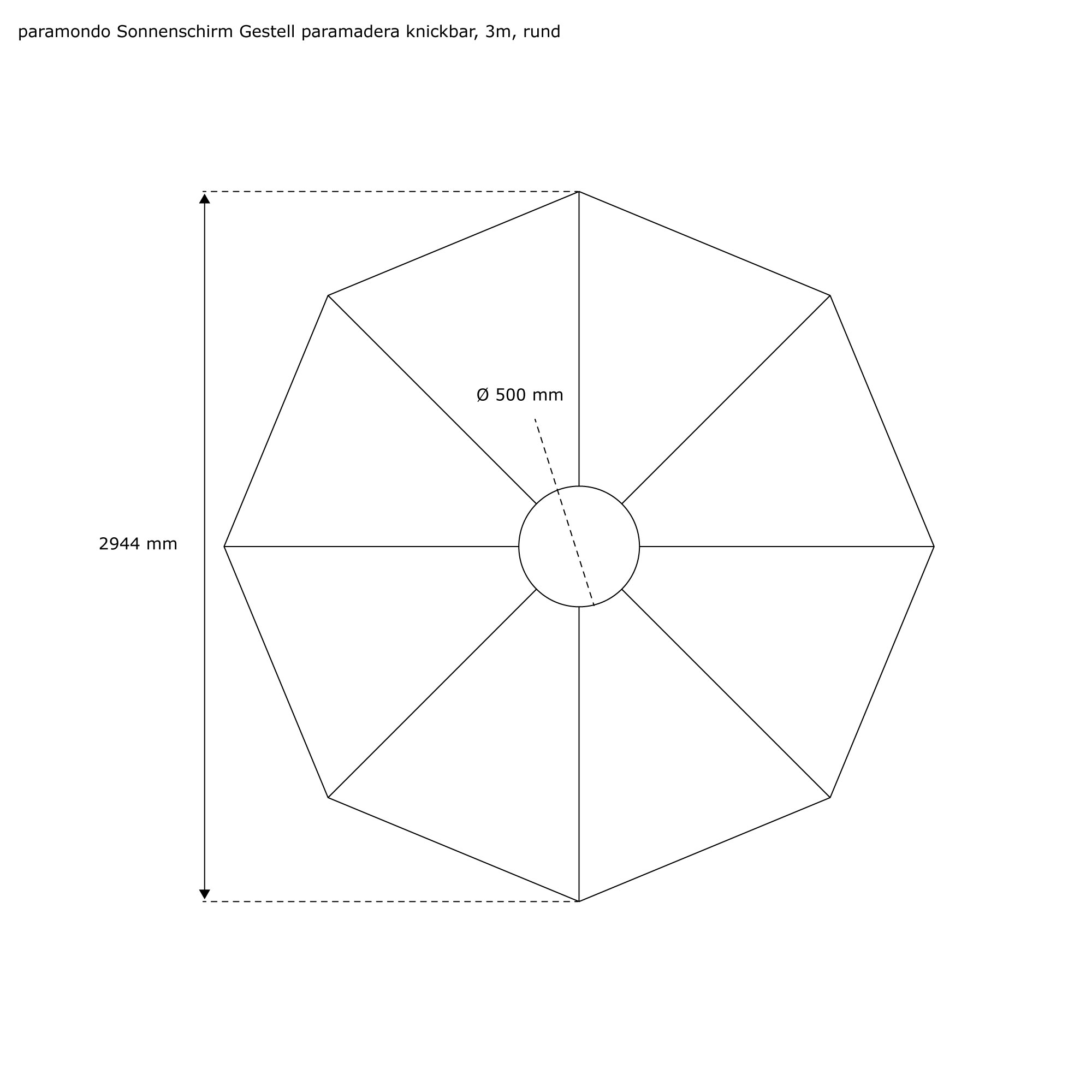 Rundes Sonnenschirmgestell, knickbar, für paramadera Holz-Sonnenschirm, 3 m Durchmesser
