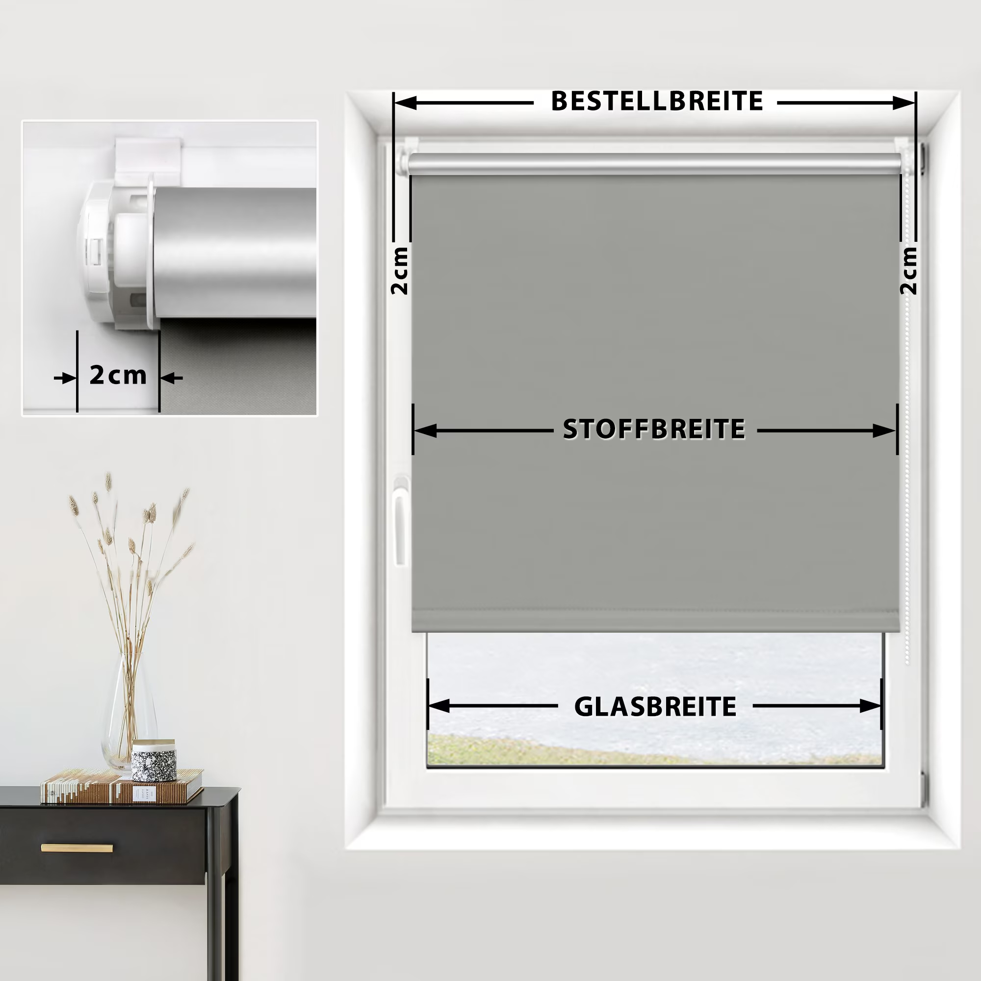 slider_image_0195facfb897740eb8cd3d5d6b5c3669 Verdunkelungsrollo an Fenster mit Maßangaben für Bestellbreite, Stoffbreite und Glasbreite