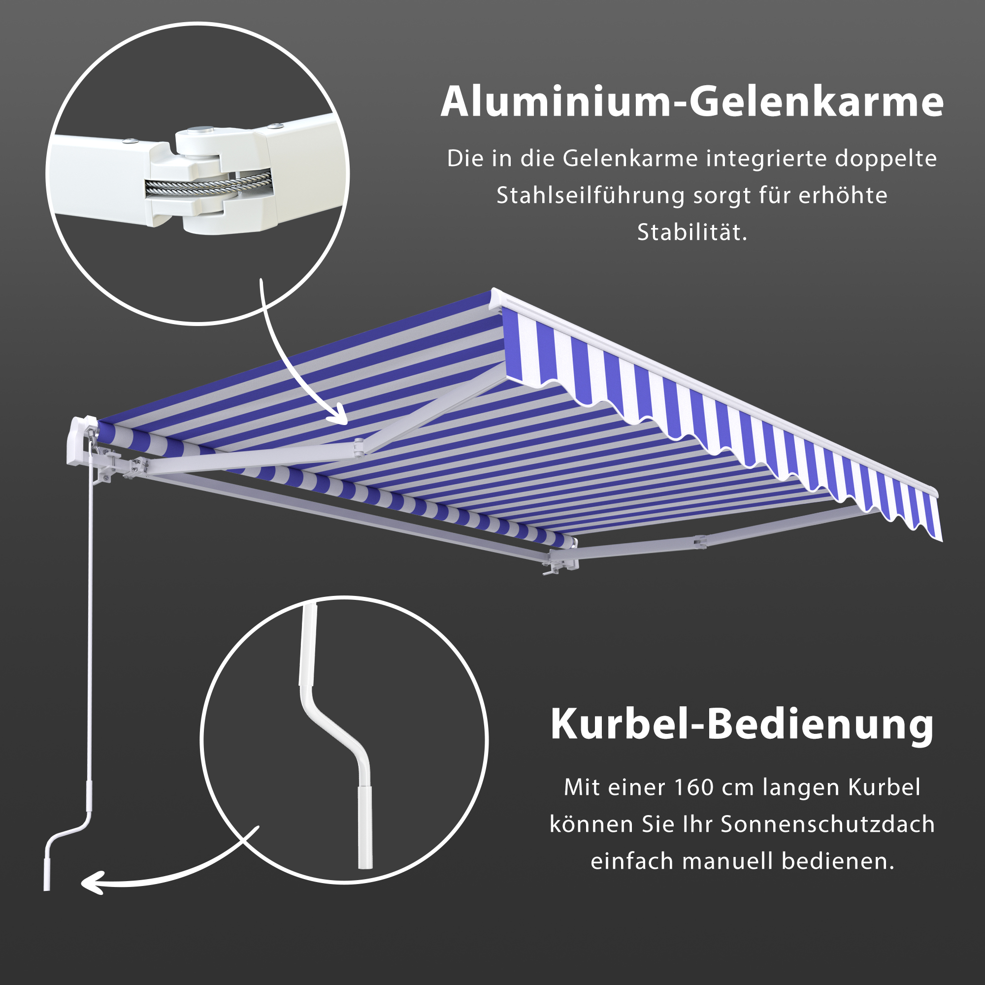 Markise mit Aluminium-Gelenkarmen und Kurbelbedienung für manuelle Anpassung