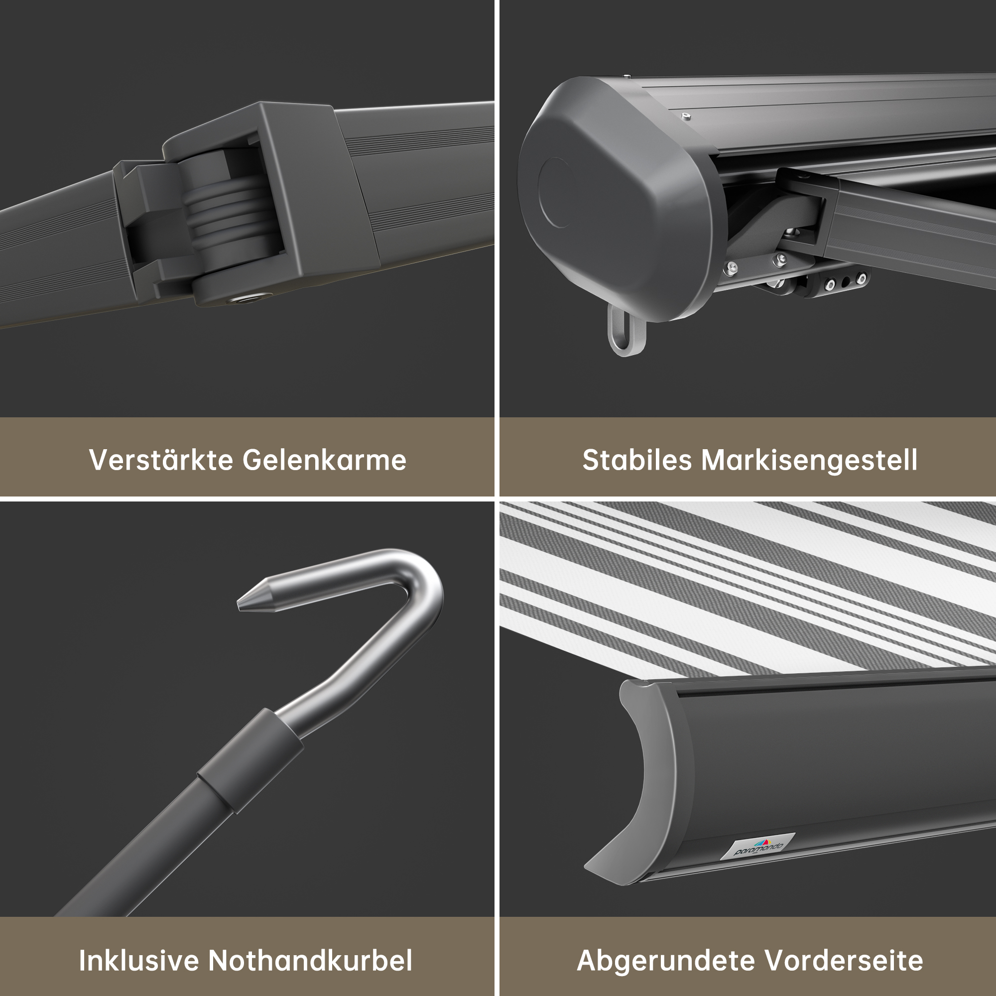 Kassettenmarkise Curve 2000 mit verstärkten Gelenkarmen und abgerundeter Vorderseite