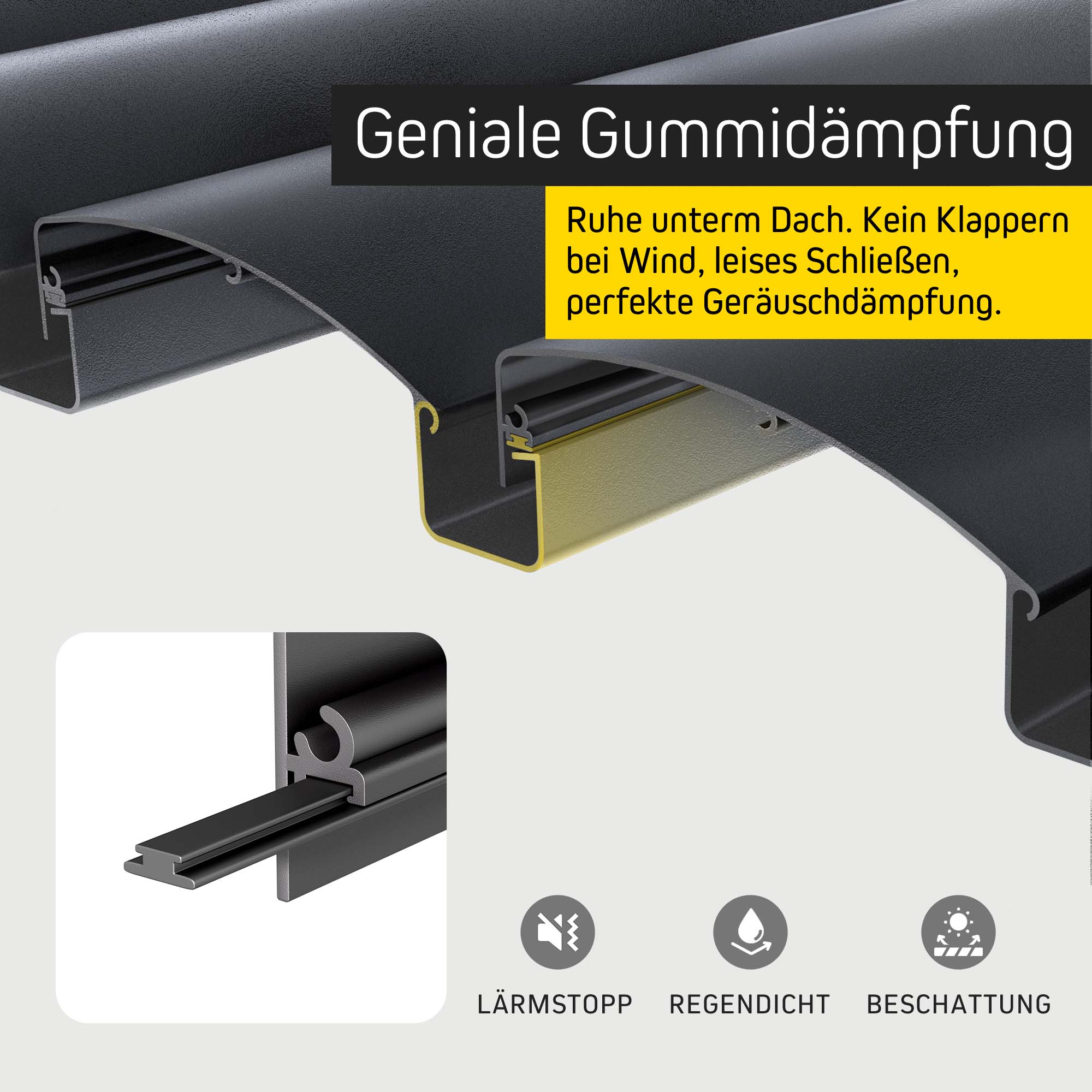 Pergola mit Lamellendach und Gummidämpfung zur Geräuschreduzierung bei Wind und Regen