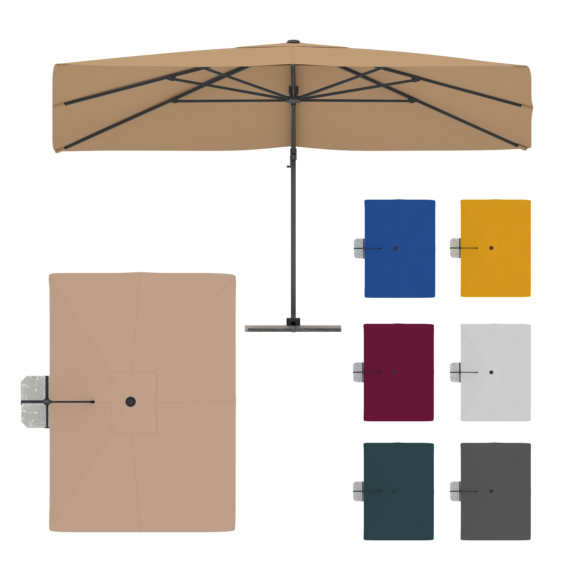 Ampelschirm mit rundem Schirmdach und seitlichem Standfuß in verschiedenen Farben