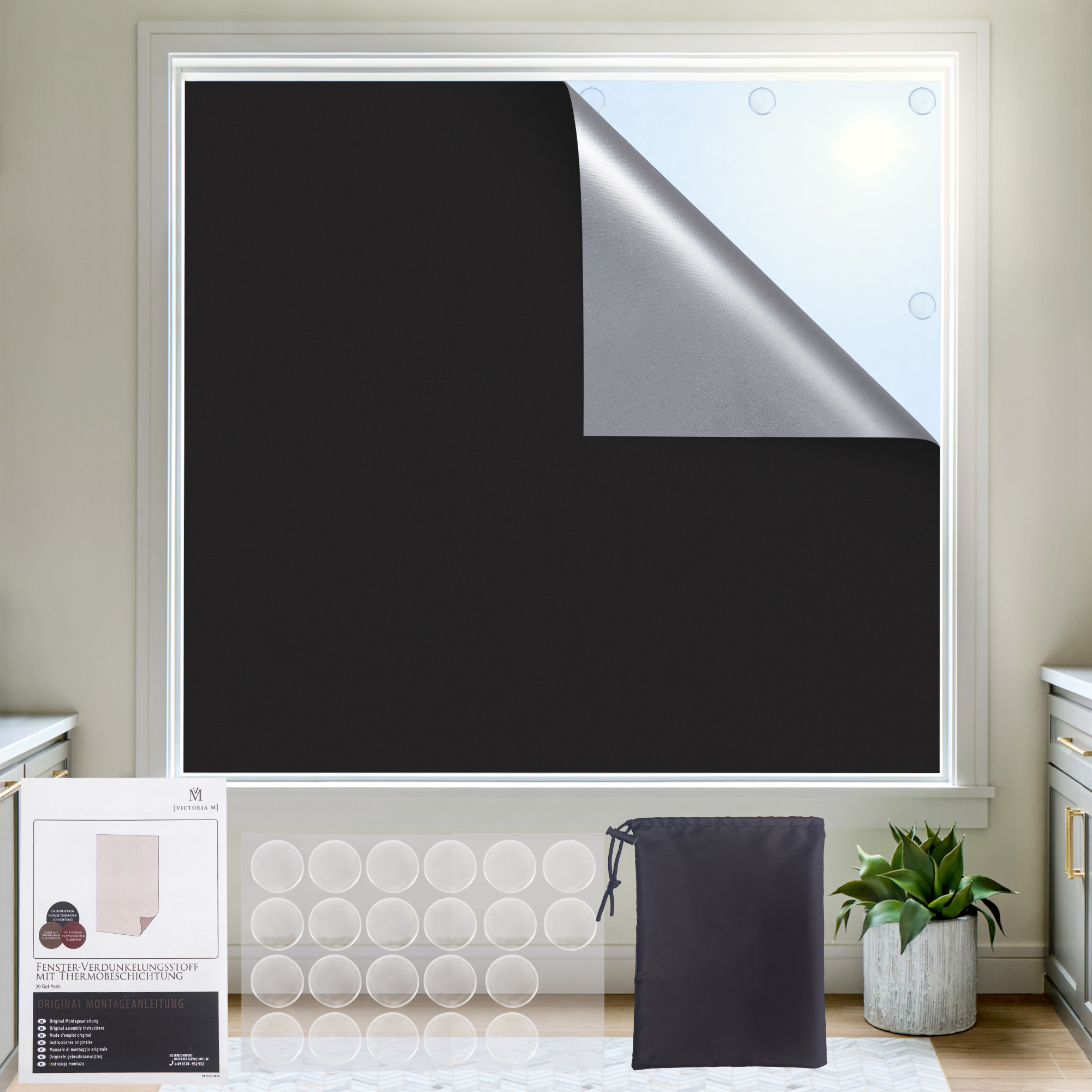 Fenster-Verdunkelungsstoff mit Thermobeschichtung | 22 Gel-Klebepads, 140 x 300 cm, schwarz