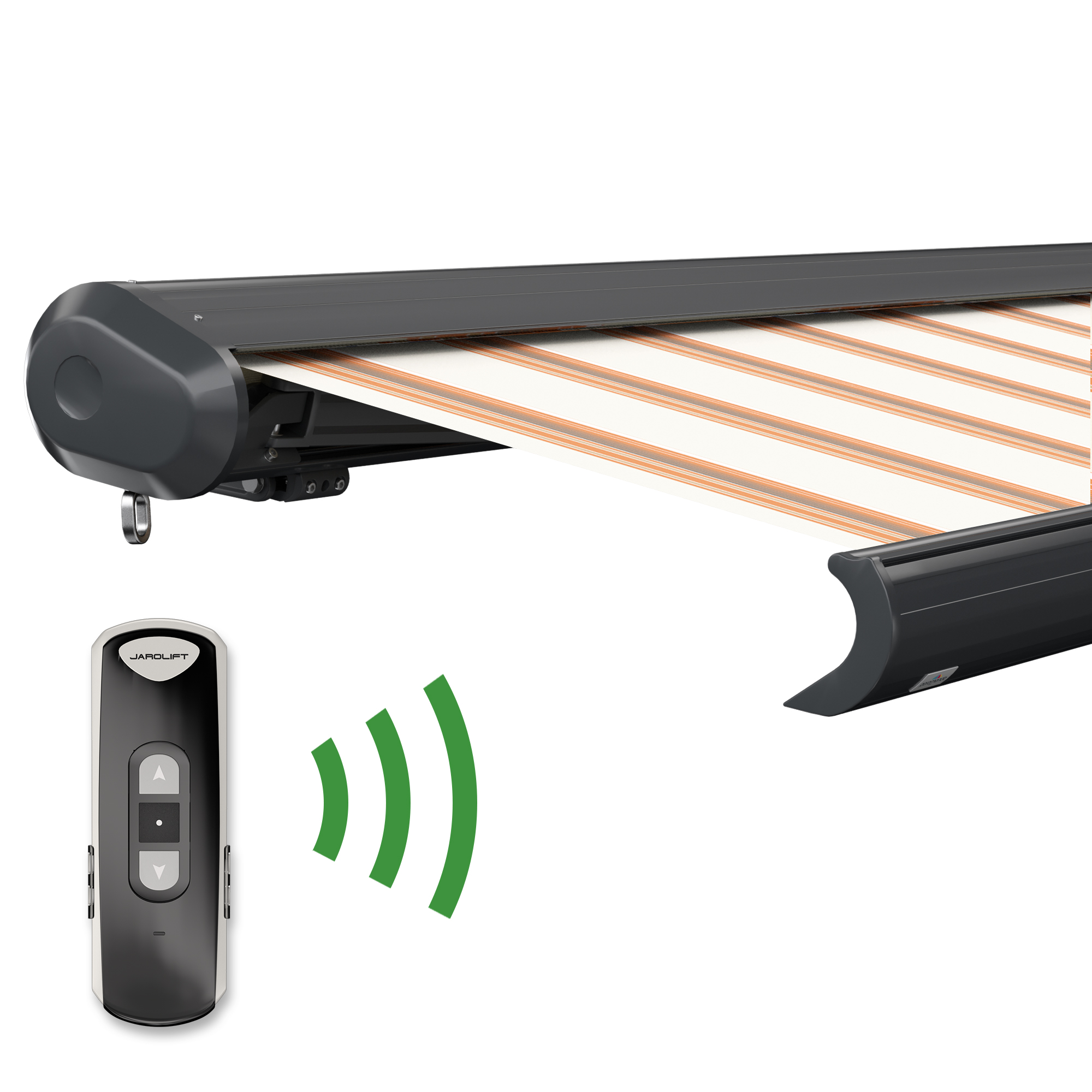 slider_image_01929057da027bf8b23175ae76f0c1e1 Kassettenmarkise mit Fernbedienung, zeigt Tuch und Gehäuse der Markise