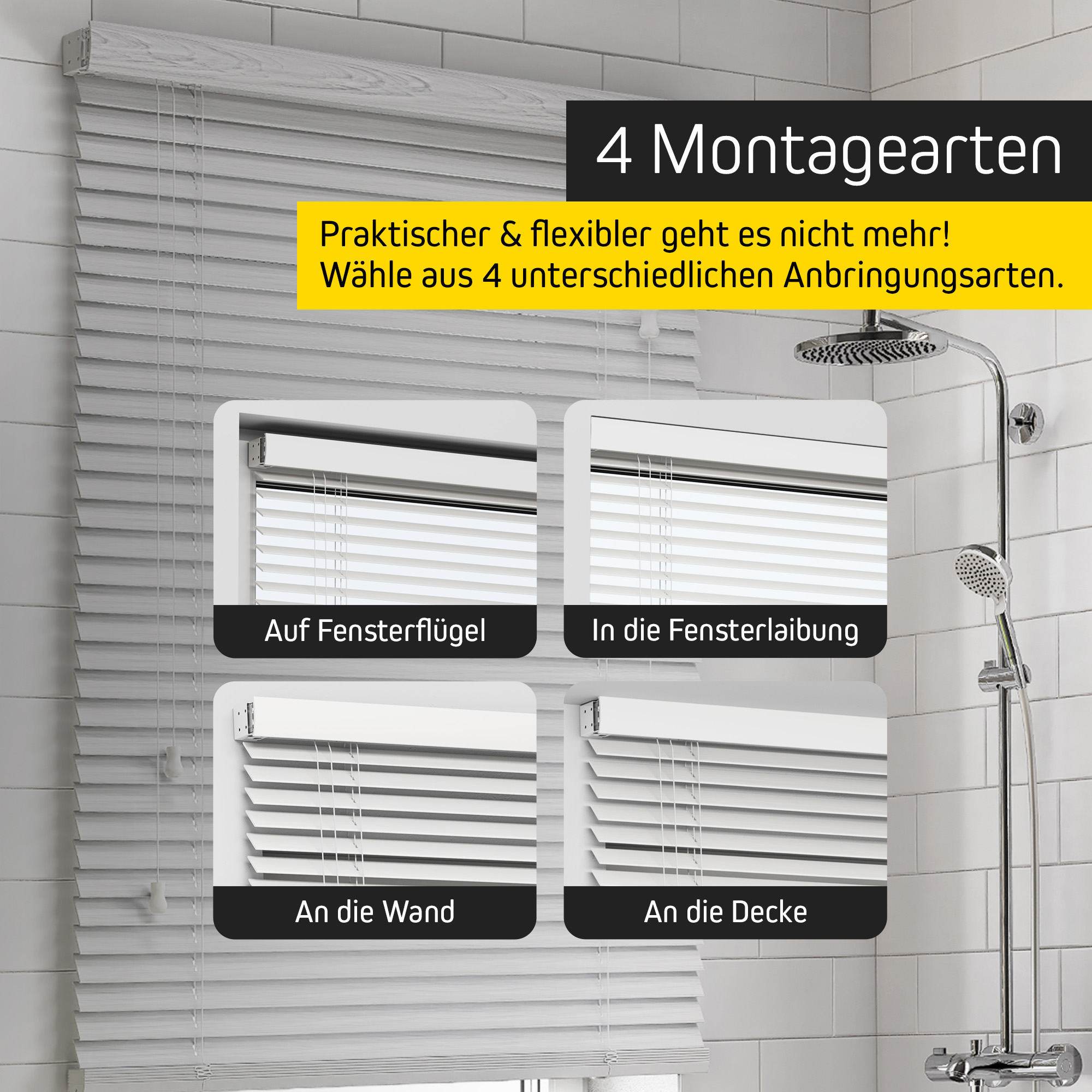 Jalousie in Holzoptik mit vier Montagearten: Fensterflügel, Fensterlaibung, Wand, Decke