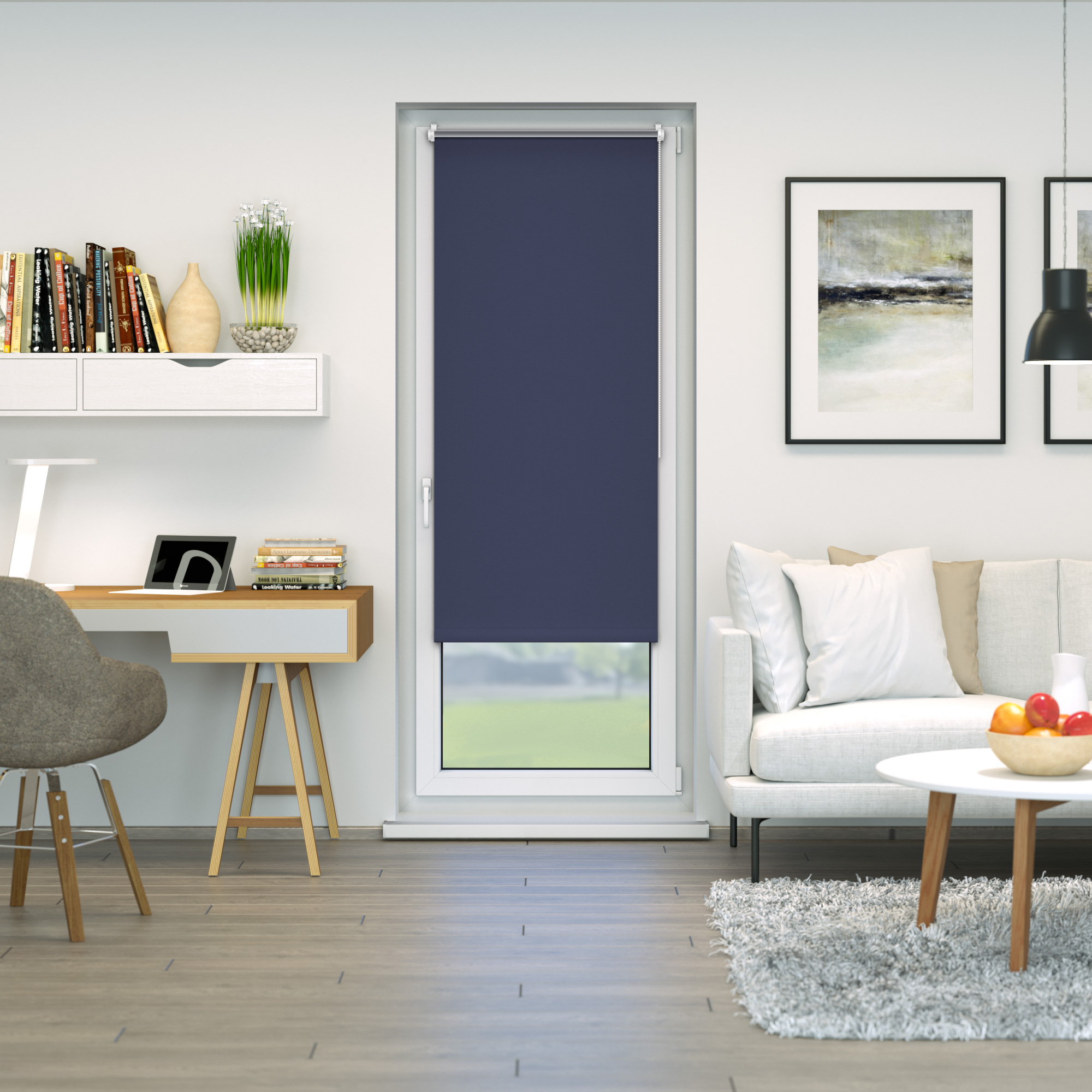 Verdunkelungsrollo an einem Fenster in einem modern eingerichteten Raum