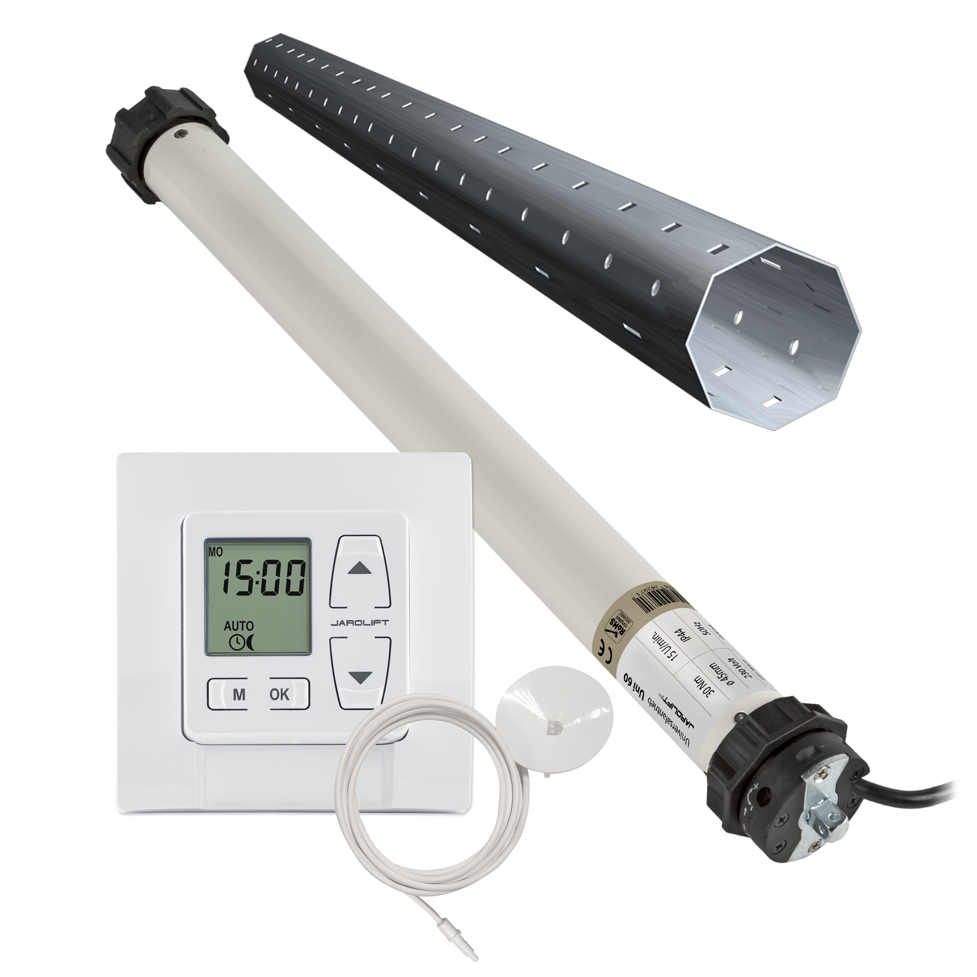 Rollladenmotor mit Steuerung und Kabel für automatisierte Rollladenbedienung