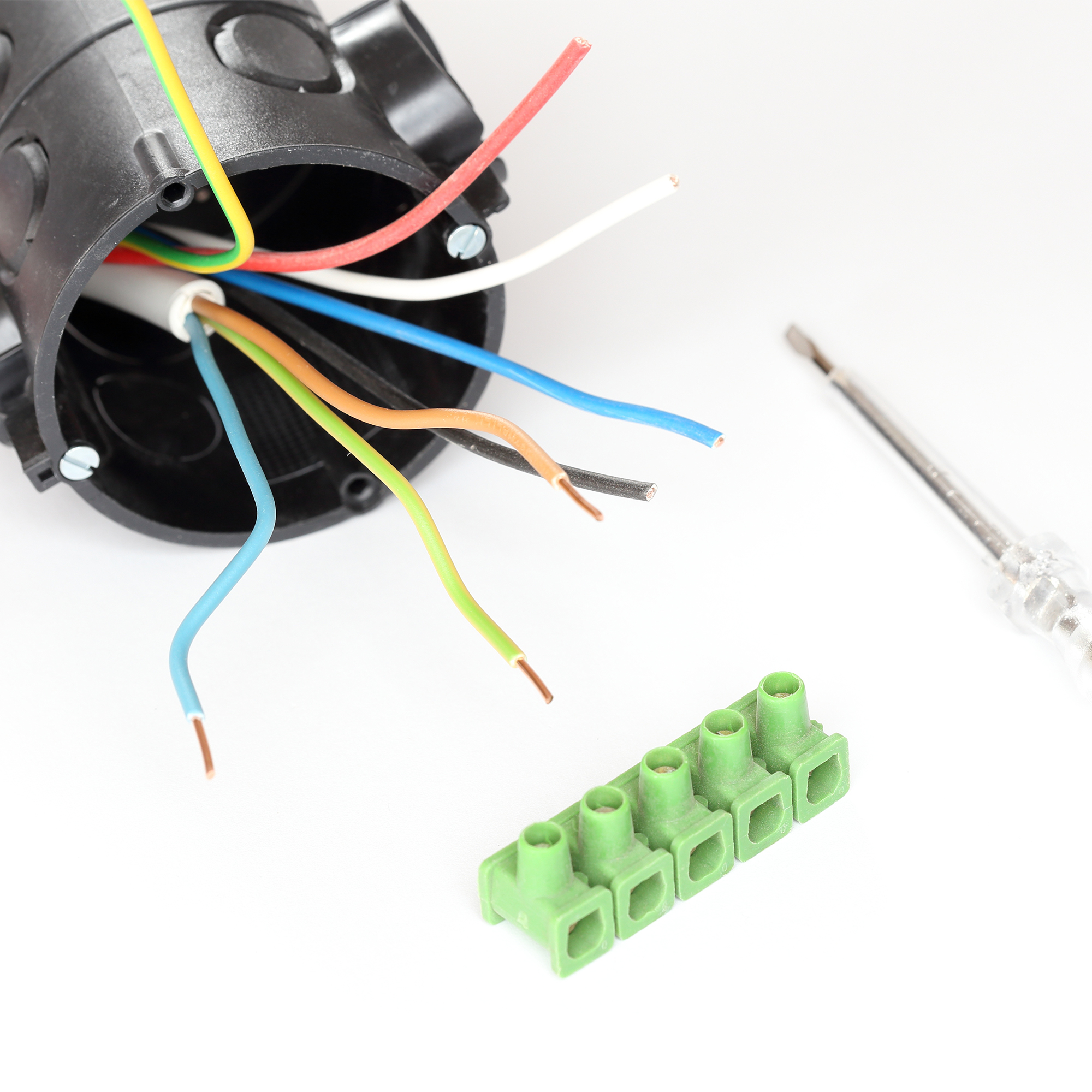 Unterputzdose mit herausragenden Kabeln, daneben ein Schraubendreher und ein Steckverbinder