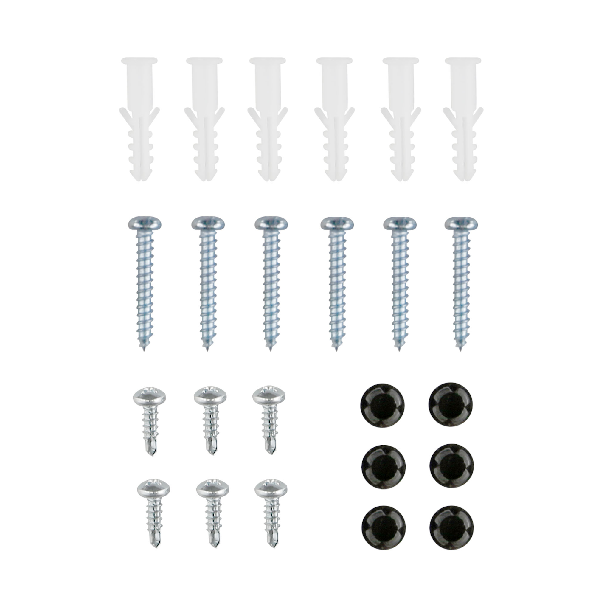 Schrauben-Set für Insektenschutzrollos mit Dübeln und Abdeckkappen in verschiedenen Größen