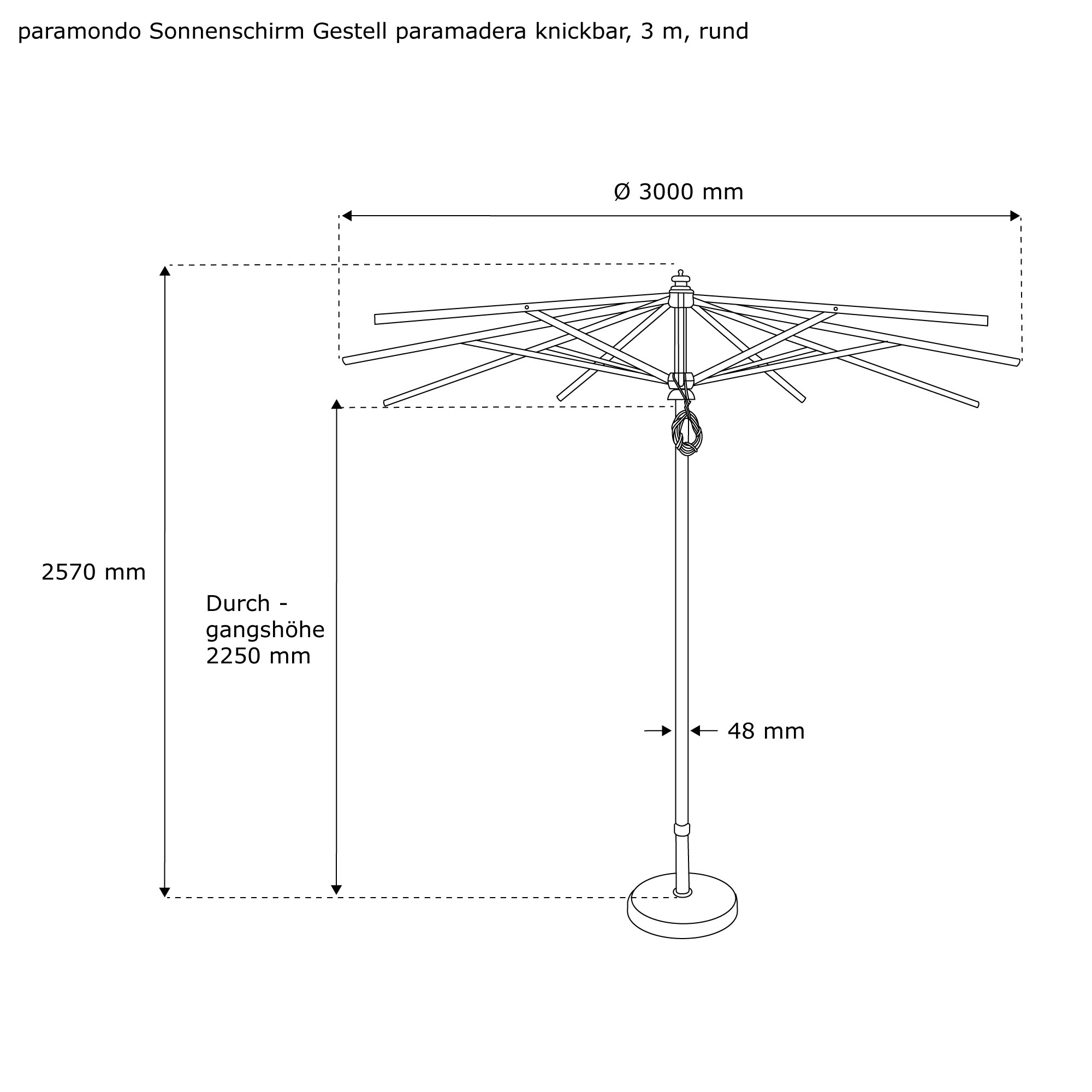 Gestell für knickbaren Holz-Sonnenschirm mit rundem Sockel und Streben