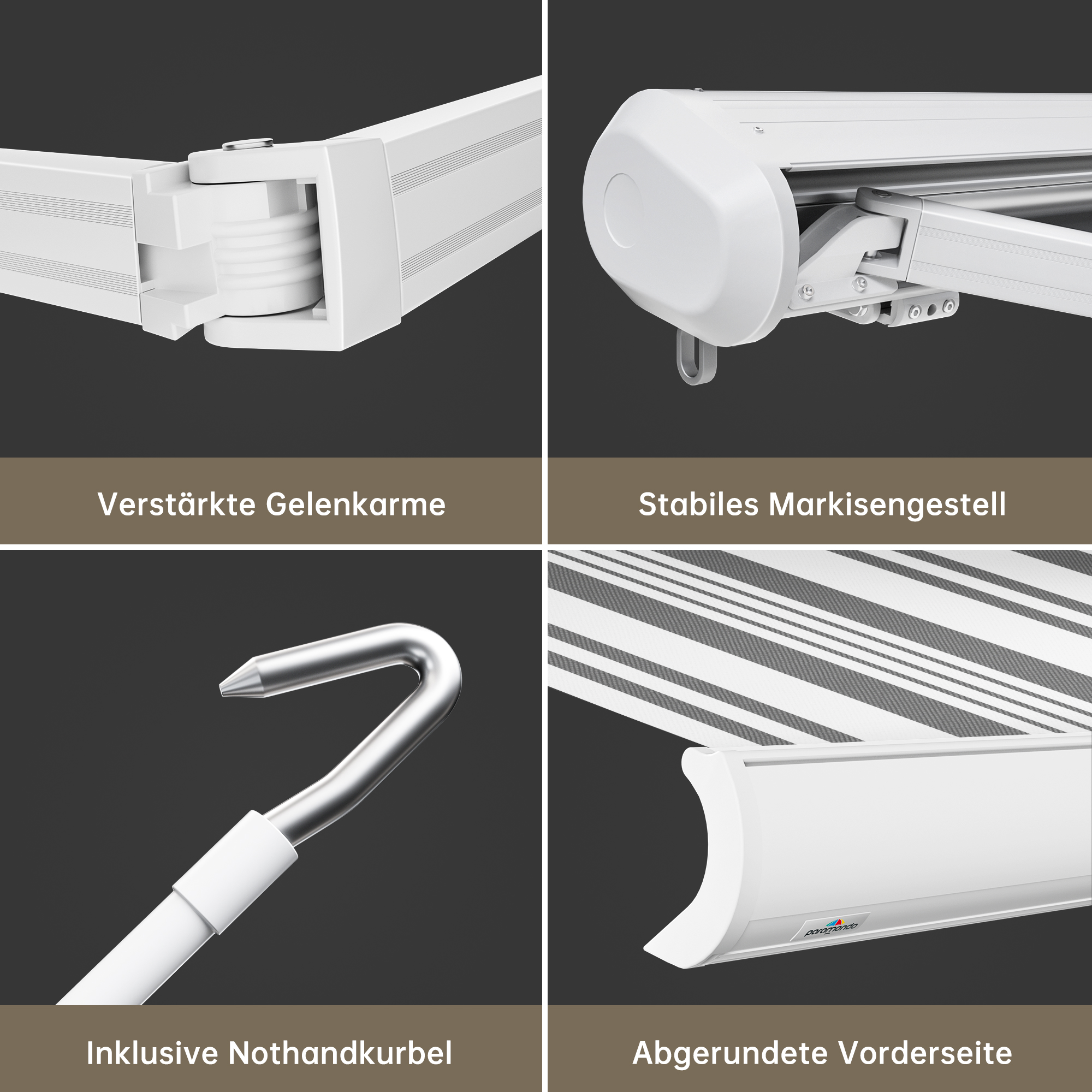 Kassettenmarkise Curve 2000 mit verstärkten Gelenkarmen und abgerundeter Vorderseite