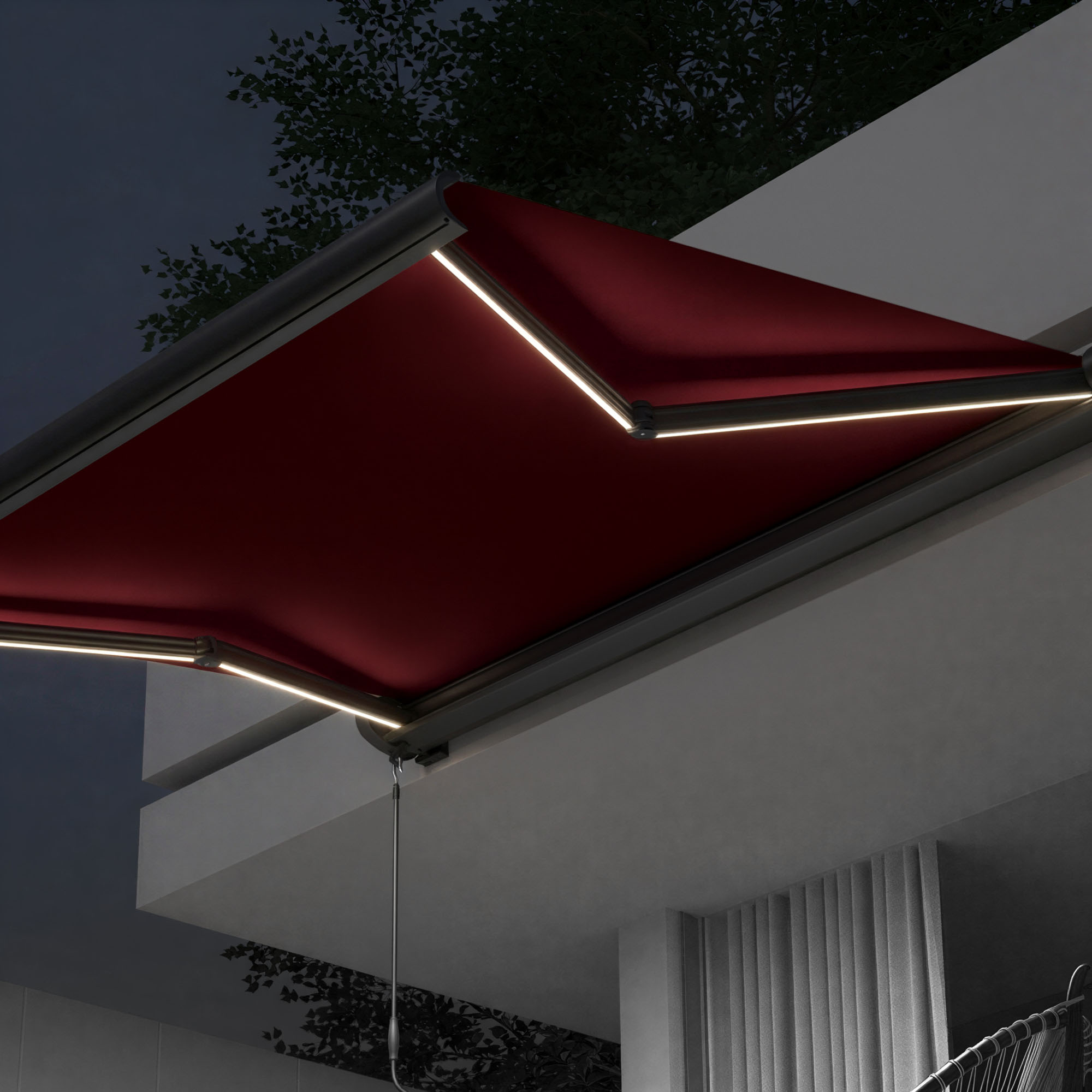 Kassettenmarkise Curve LED | 3,5 x 3 m, anthrazit, Stoff: weinrot, Uni