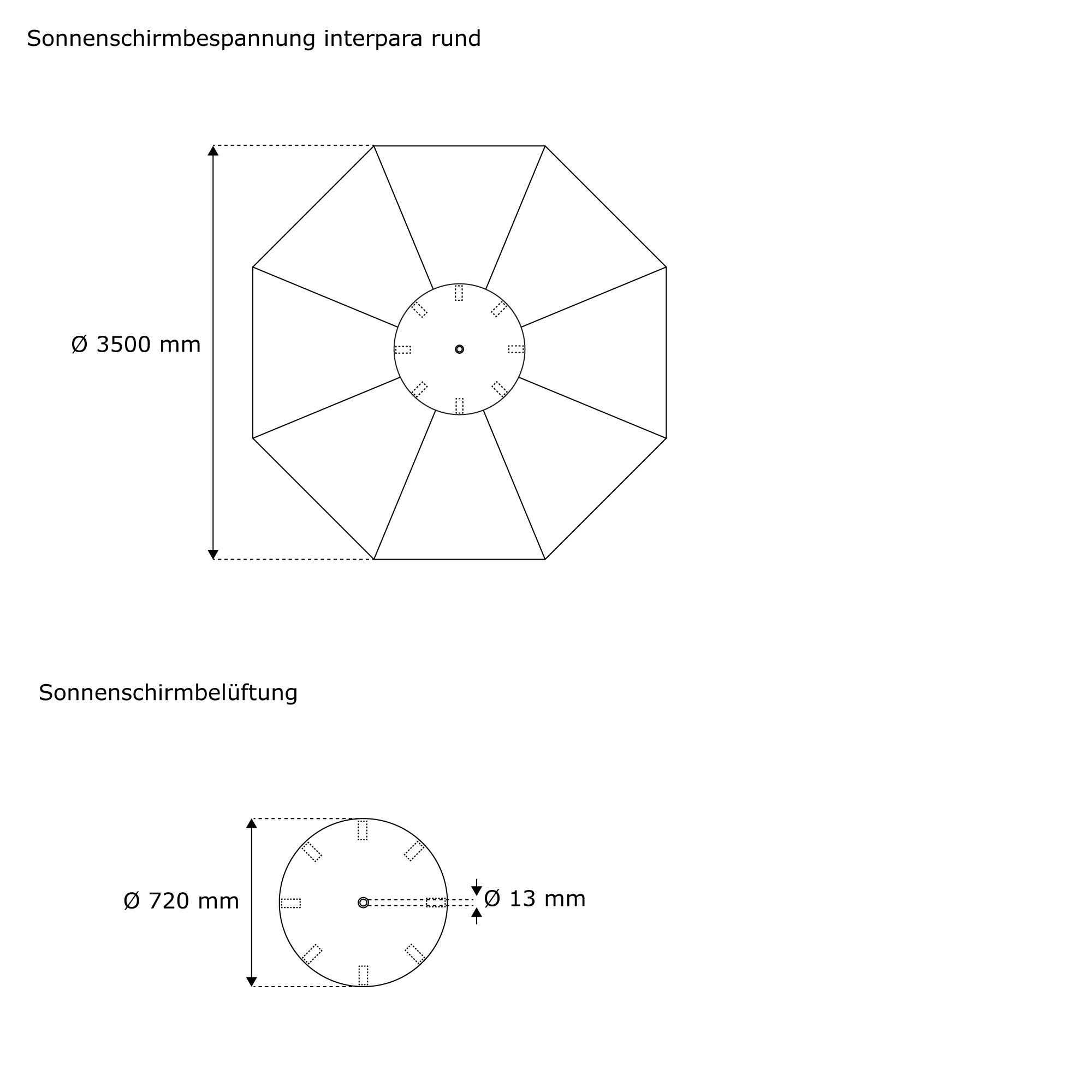 Technische Zeichnung einer eckigen Sonnenschirmbespannung mit Belüftungselementen