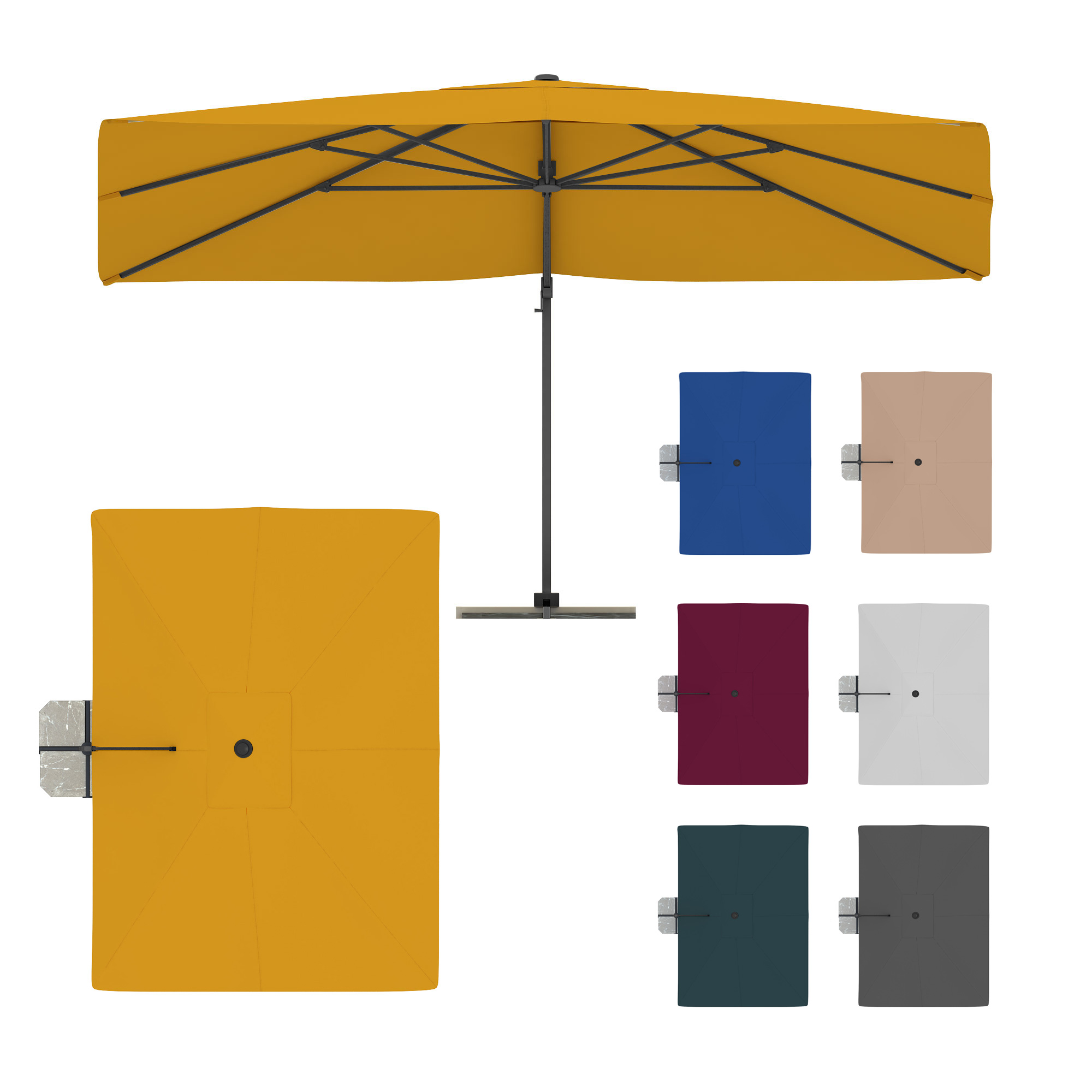 Ampelschirm mit rundem Schirmdach und seitlichem Standfuß in verschiedenen Farben