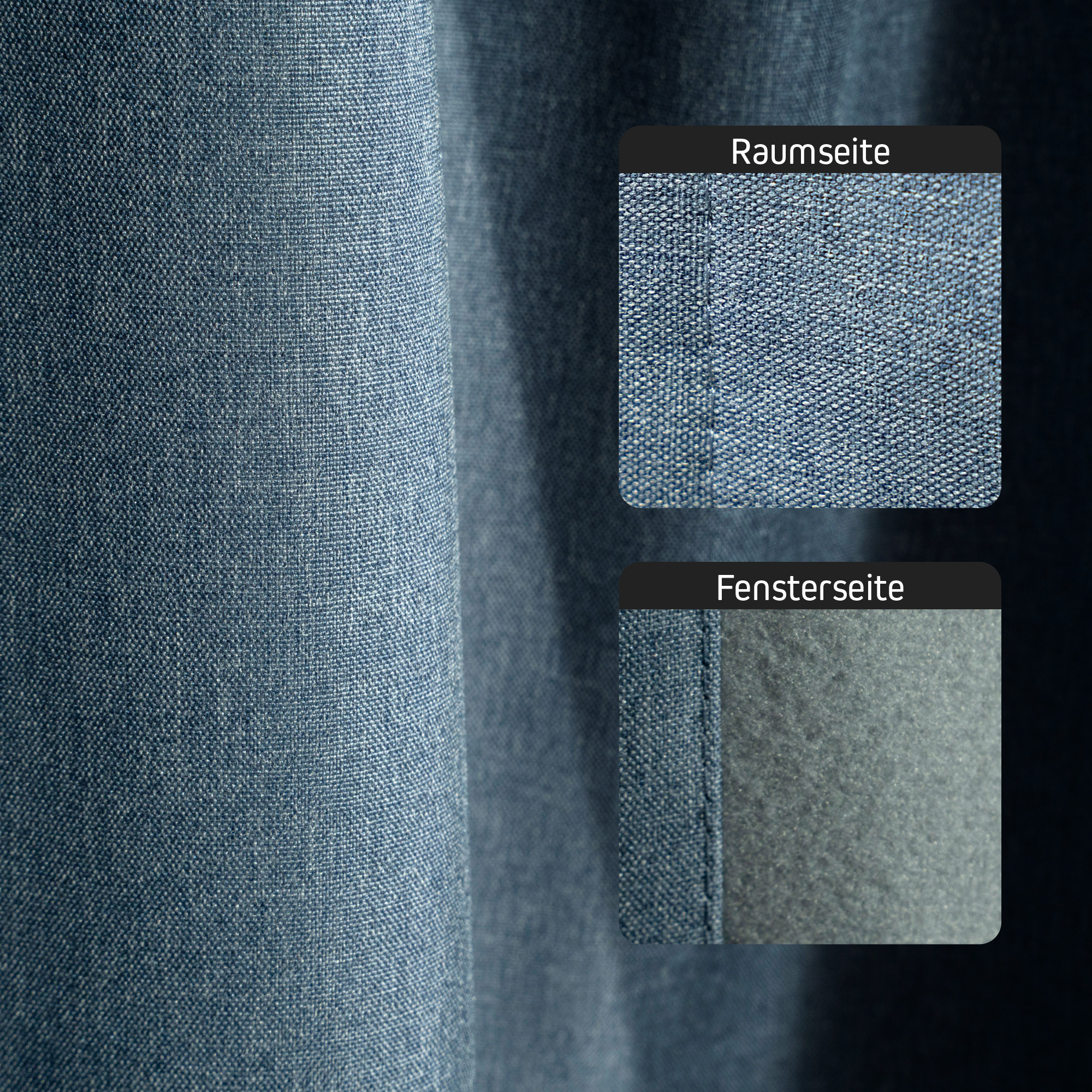 Thermo-Vorhang mit Kombiband, Detailansicht der Raum- und Fensterseite des Materials