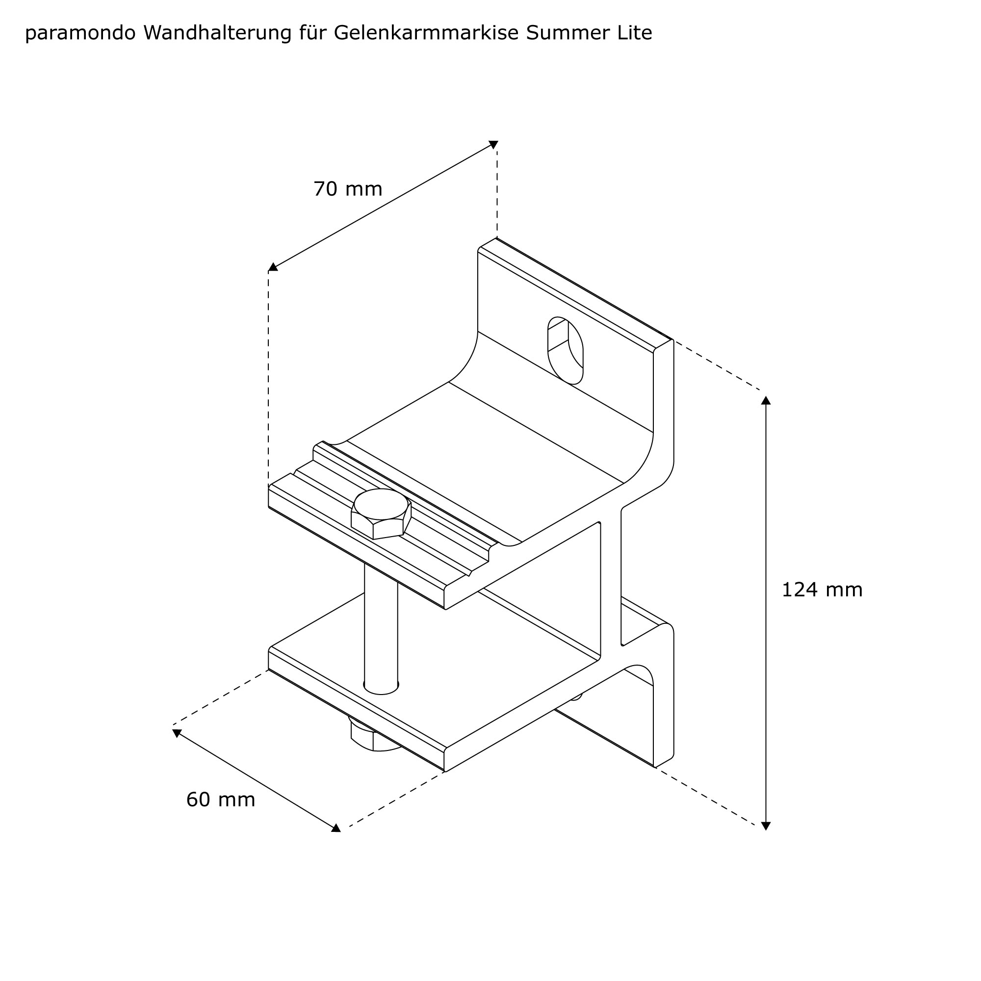 Isometrische Zeichnung einer Wandhalterung für Gelenkarmmarkise mit Maßen und Schraubenlöchern