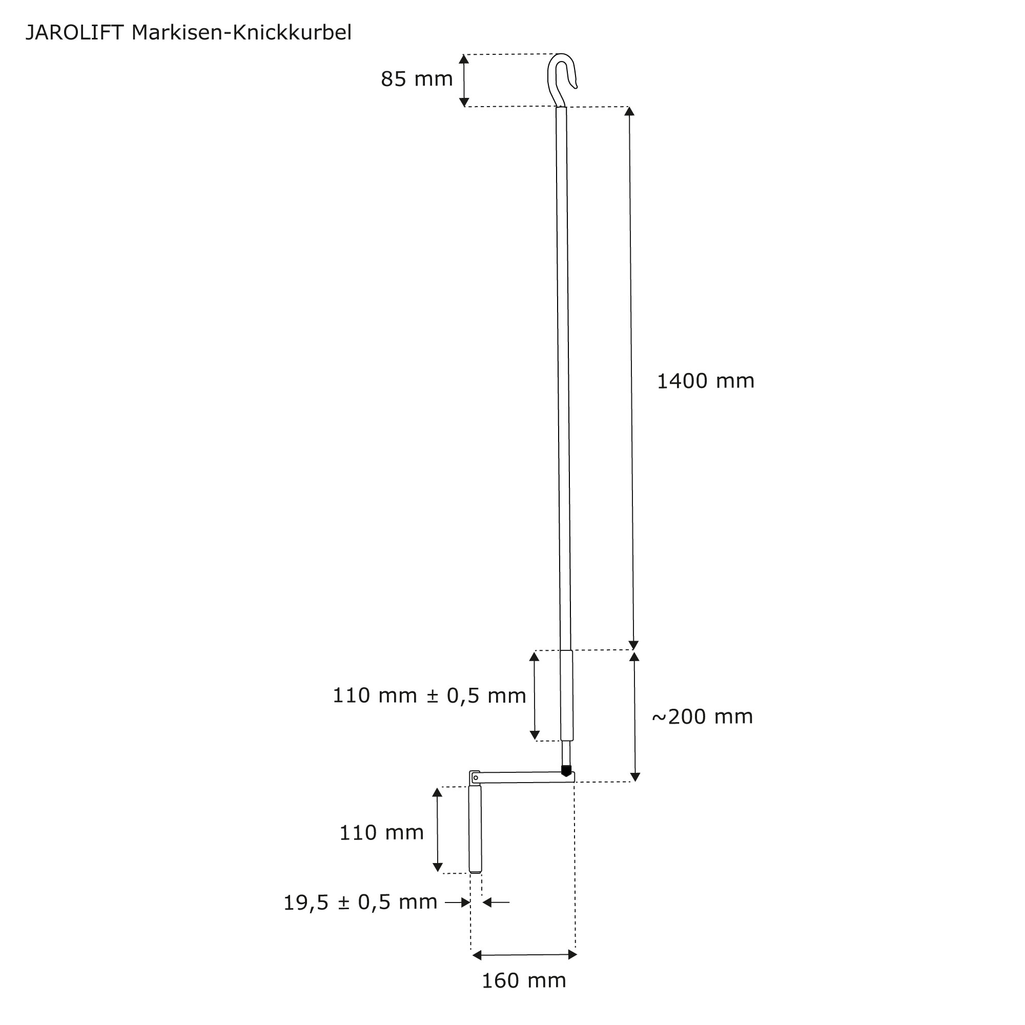 Diagramm einer Markisen-Knickkurbel mit Maßen und Haken oben