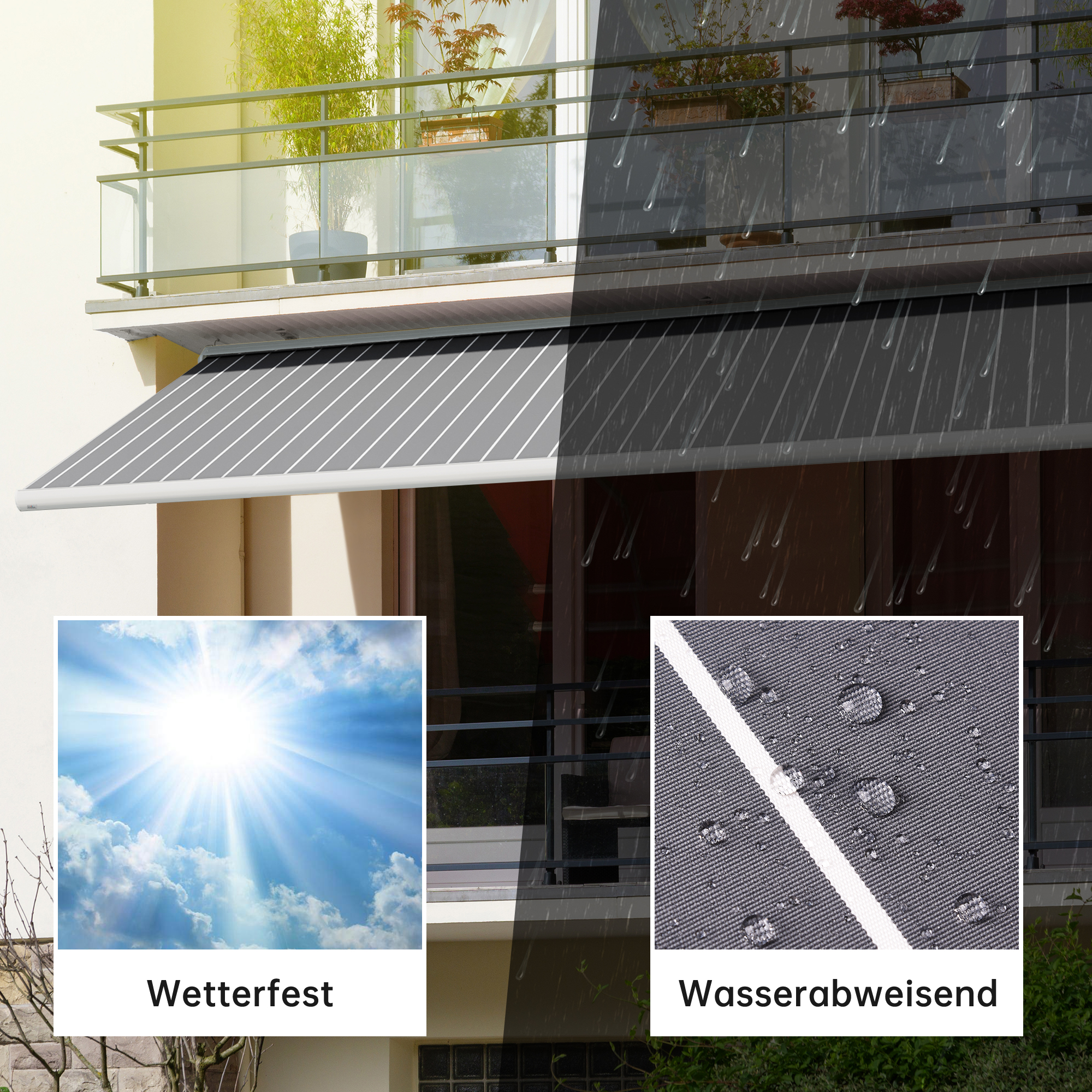 Kassettenmarkise Curve 2000 an einem Balkon, wetterfest und wasserabweisend