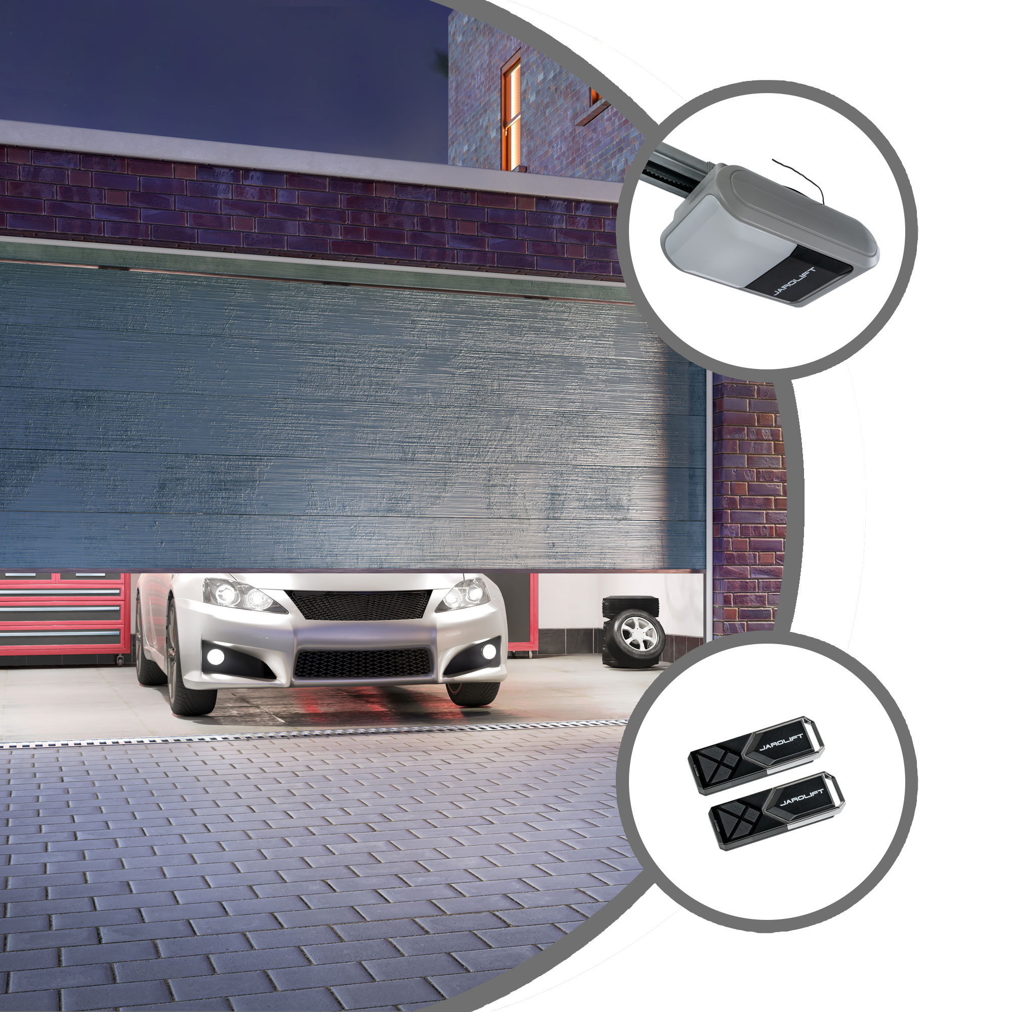 slider_image_0193074c22fa77eea59774dd720b5812 Garagentor mit Auto, Antriebssystem und zwei Fernbedienungen in separaten Kreisen dargestellt