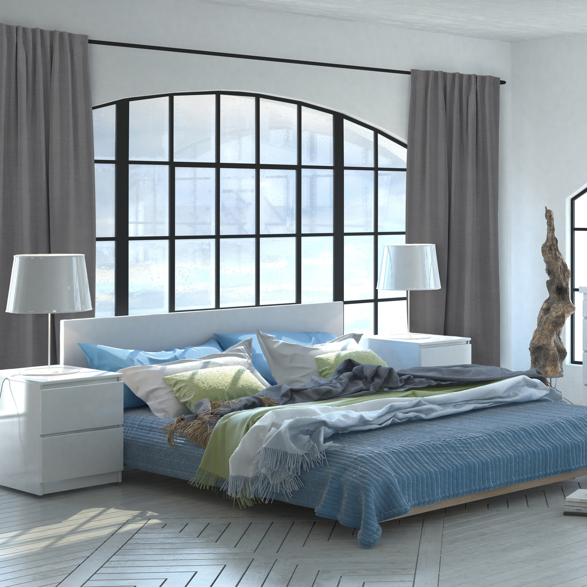 Thermo-Vorhang mit Kombiband an Fenster in modernem Schlafzimmerinterieur