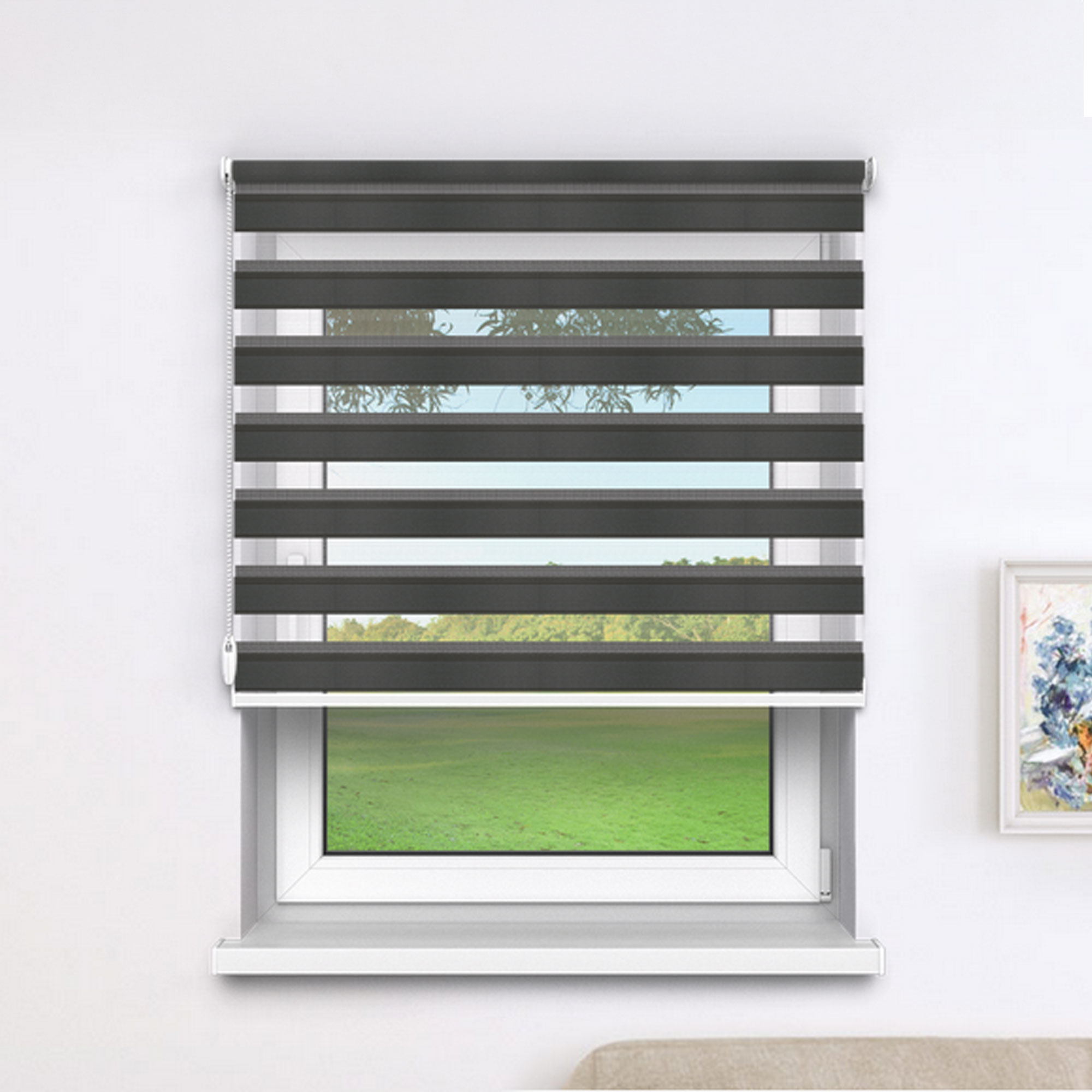 Doppelrollo an einem Fenster zur Lichtregulierung und Sichtschutz