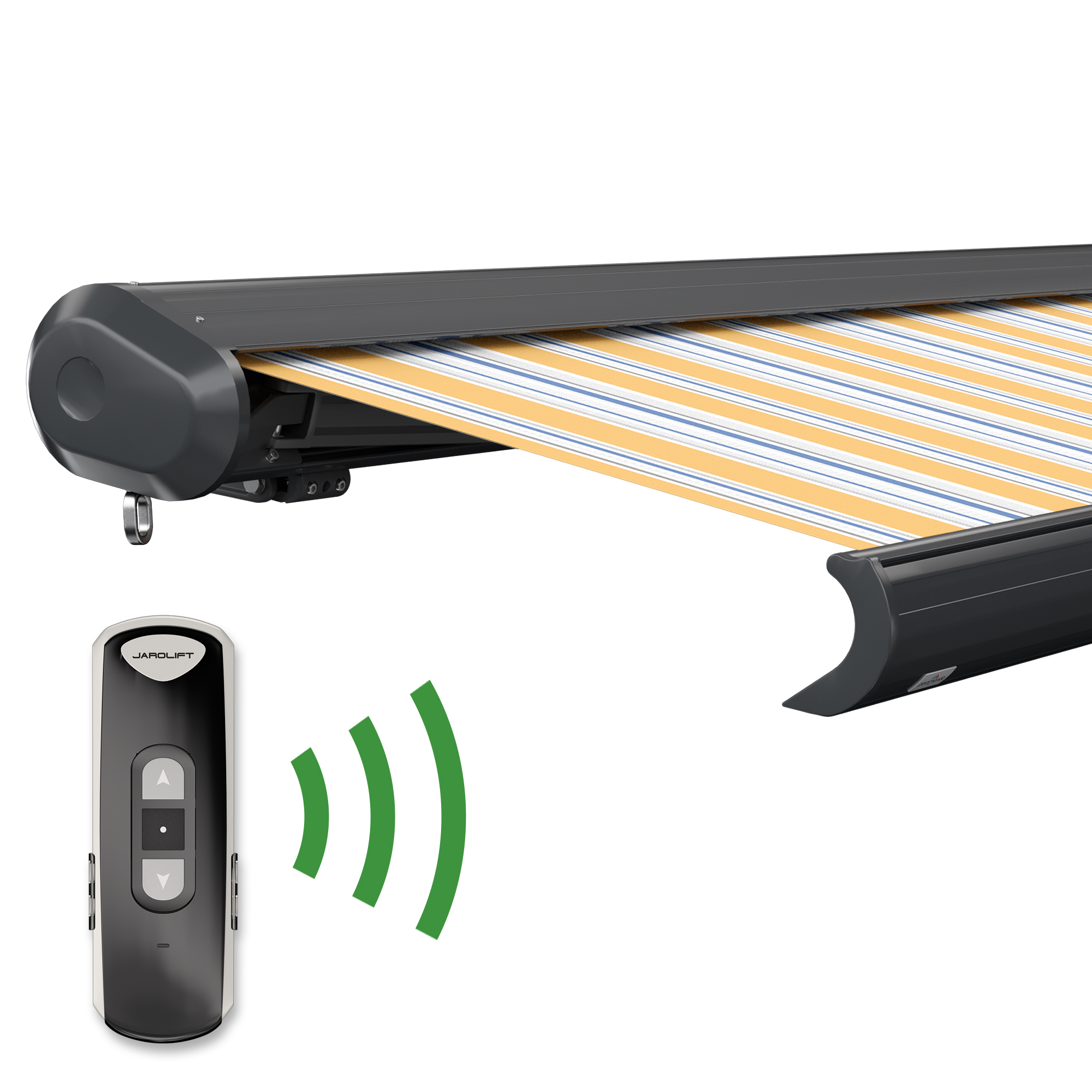 slider_image_0192906c230c7f32a7553871cd7347cf Kassettenmarkise mit Fernbedienung, zeigt Tuch und Gehäuse der Markise