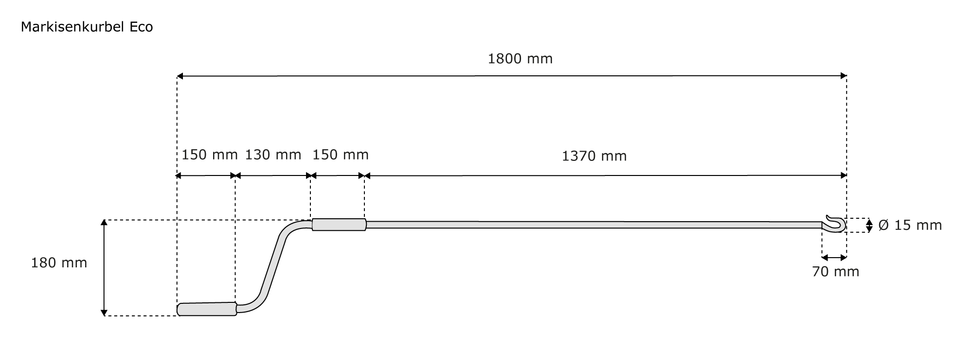 Diagramm einer Markisenkurbel mit Maßen und gebogenem Griff für manuelle Bedienung