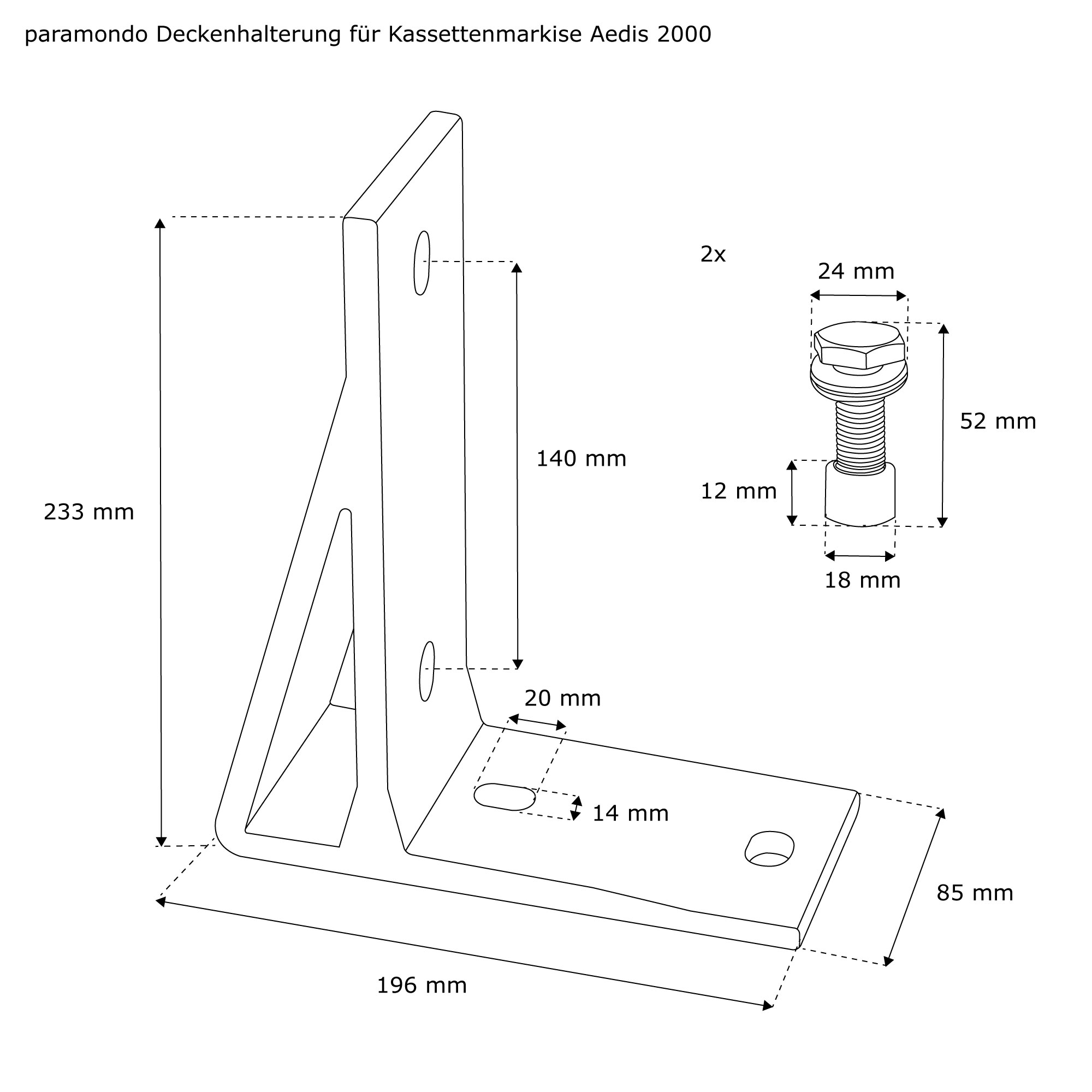 Diagramm einer Deckenhalterung für Kassettenmarkise Aedis 2000 mit Maßen und Schraubenansicht