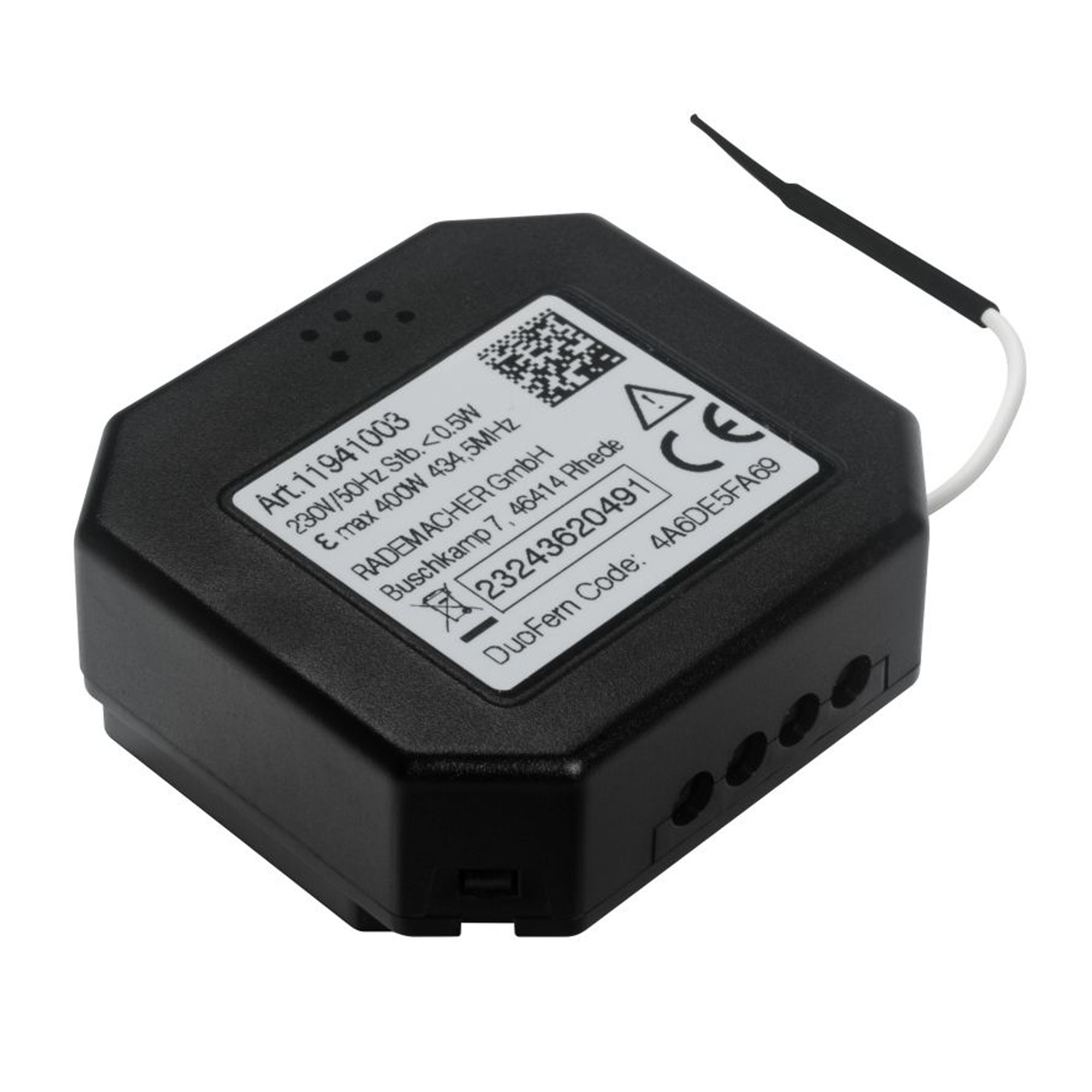 Rechteckiges Gerät mit Kabel, Etikett mit technischen Details, vermutlich ein smarter Dimmer