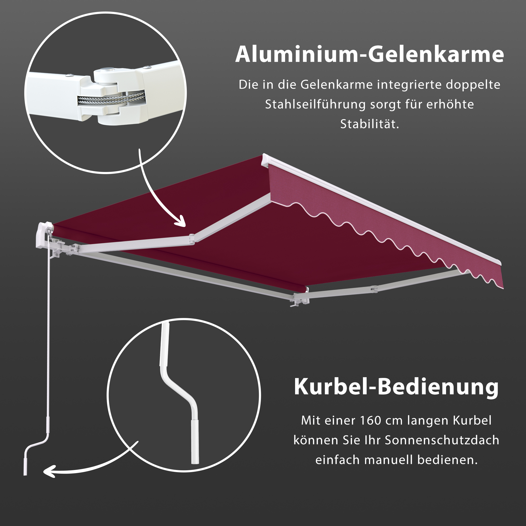Markise mit Aluminium-Gelenkarmen und Kurbelbedienung für manuelle Anpassung