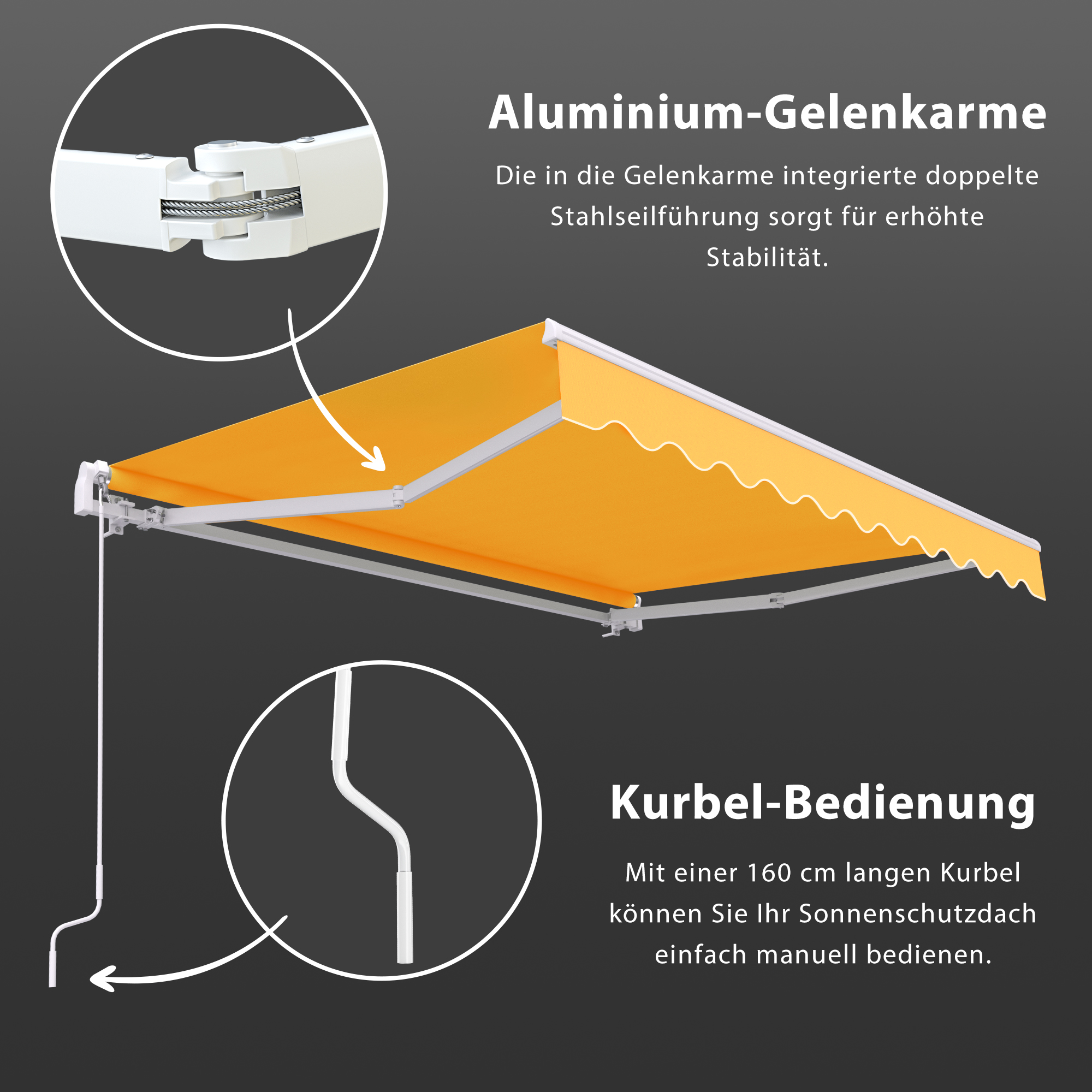 Markise mit Aluminium-Gelenkarmen und Kurbelbedienung für manuelle Anpassung