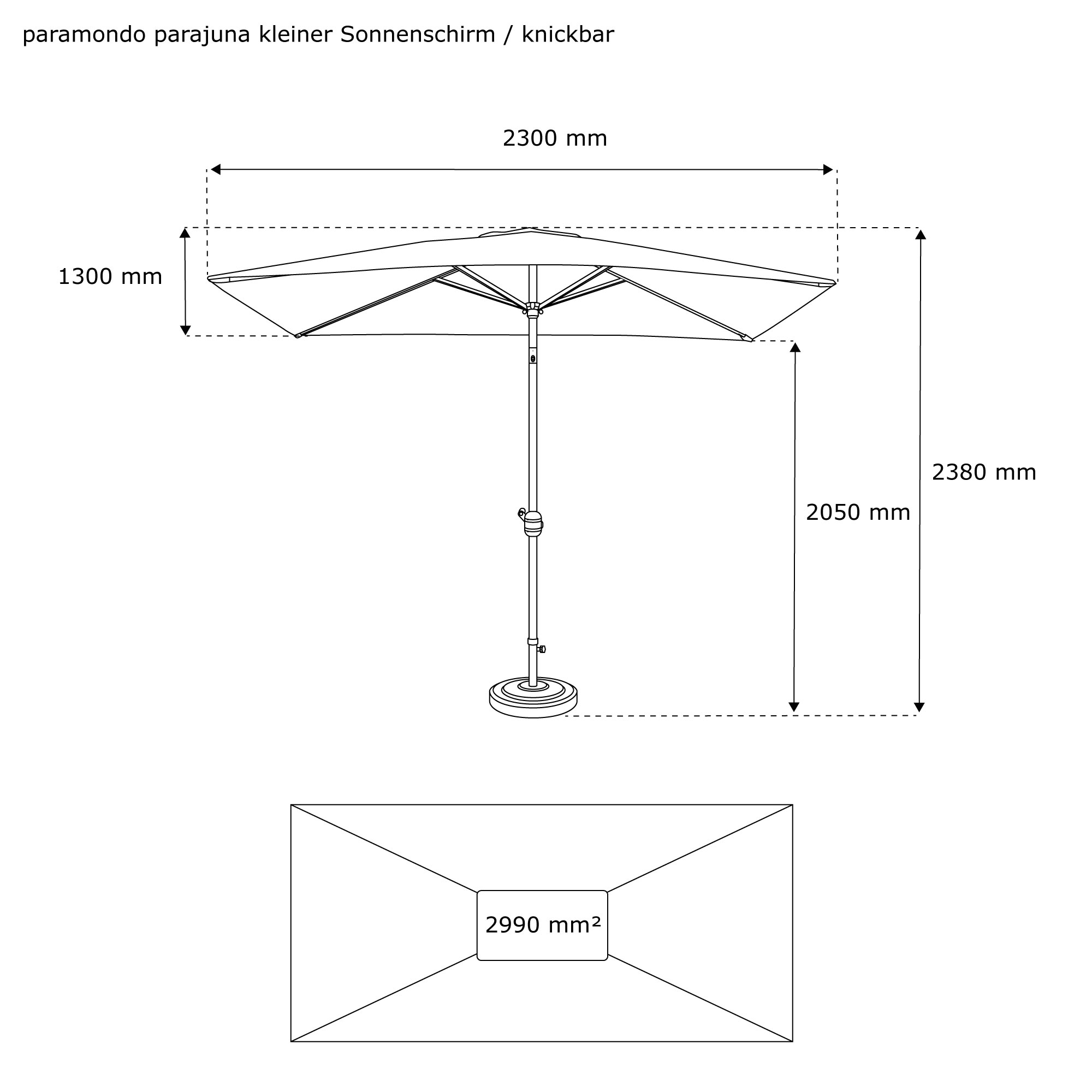 Kleiner knickbarer Sonnenschirm mit Ständer und Maßen in Millimetern
