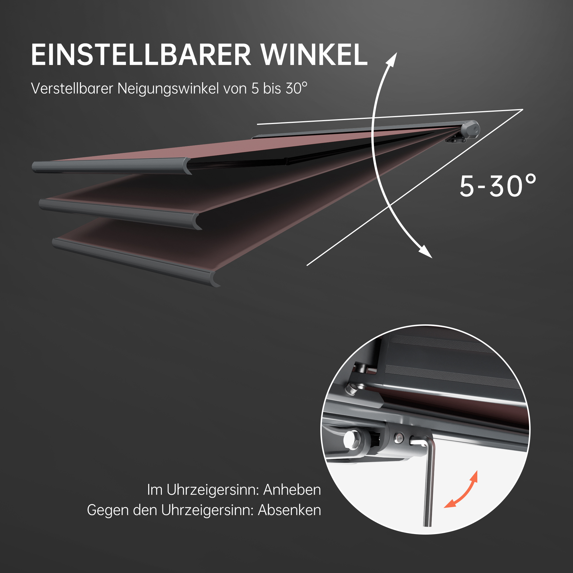 slider_image_0192905ccf5a73279e637d2a7fc78773 Kassettenmarkise mit verstellbarem Neigungswinkel von 5 bis 30 Grad