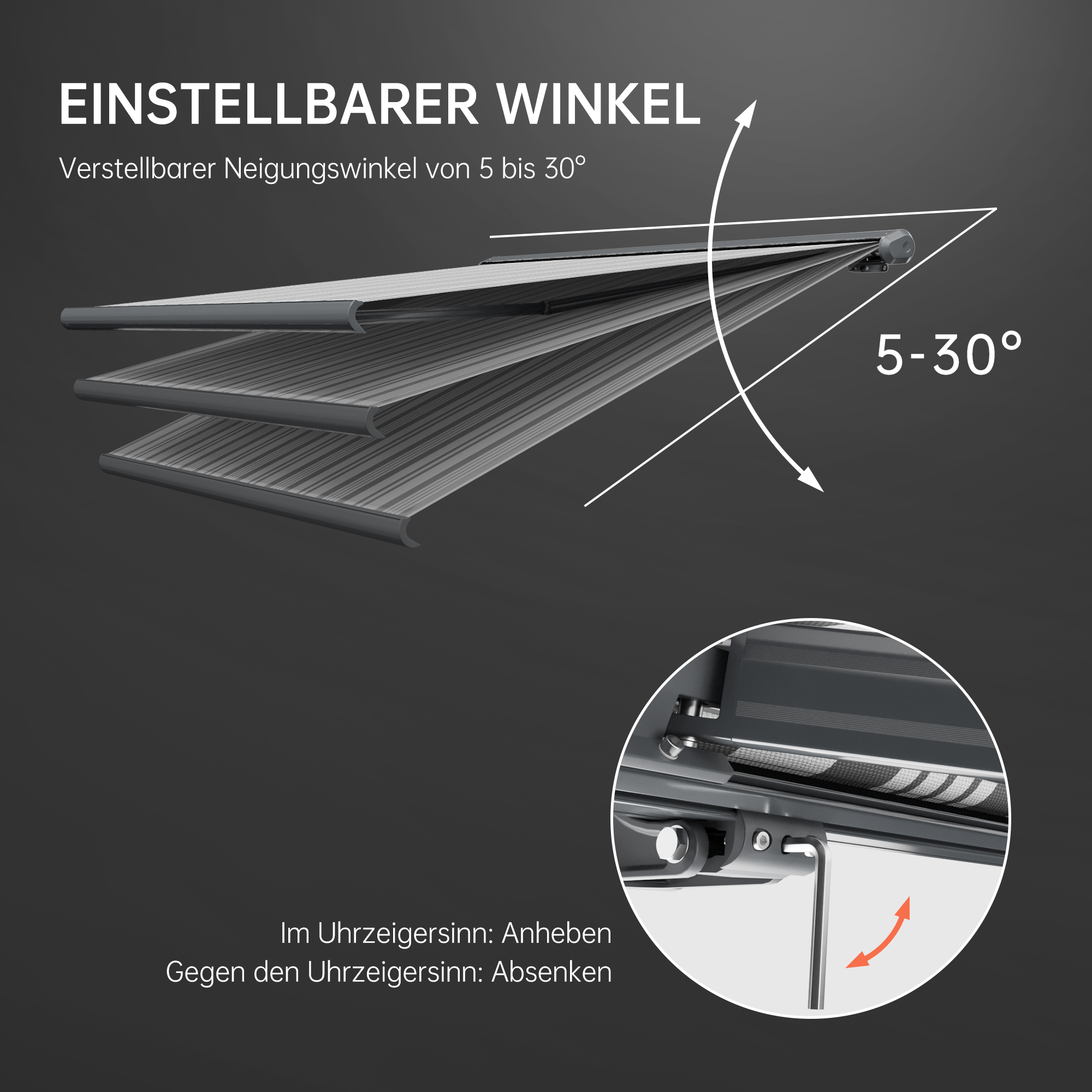 Kassettenmarkise mit verstellbarem Neigungswinkel von 5 bis 30 Grad