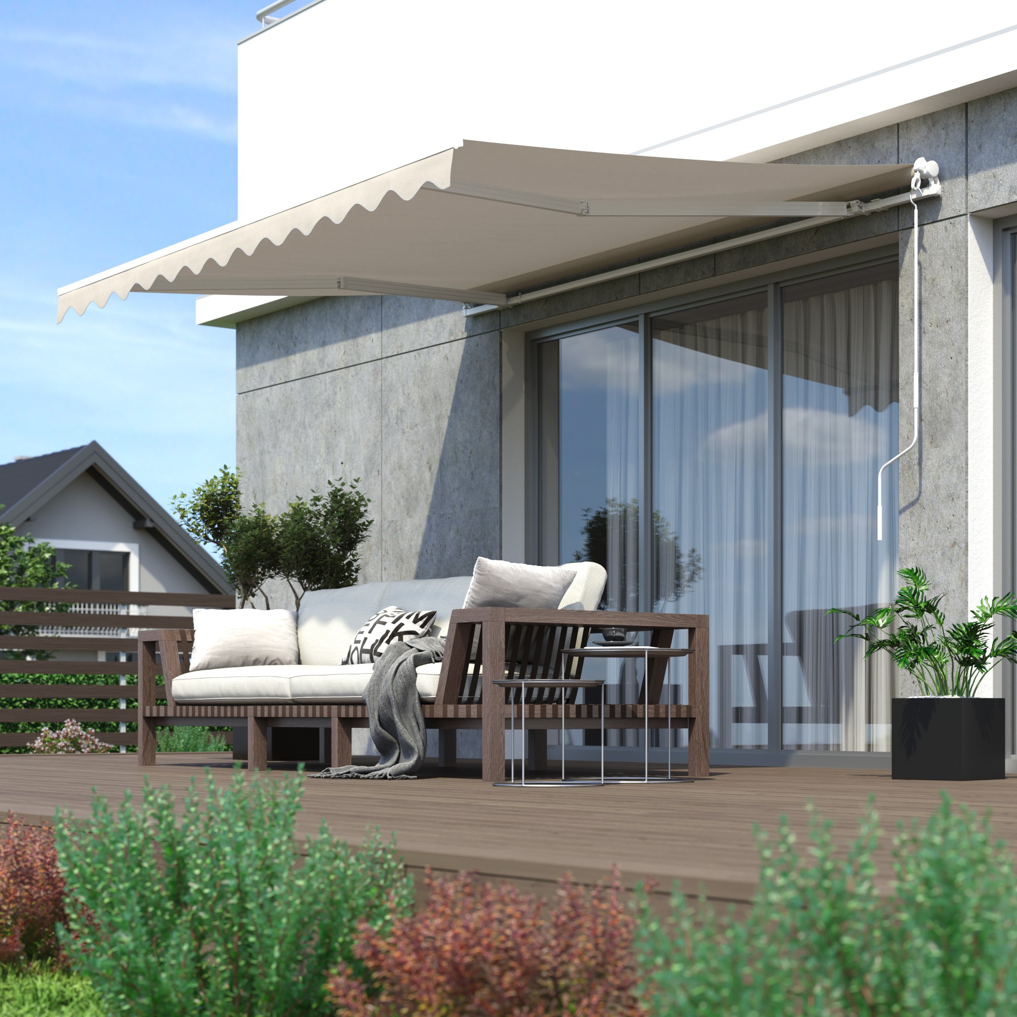 Gelenkarmmarkise über Terrasse mit Sitzmöbeln und Pflanzen, bietet Sonnenschutz