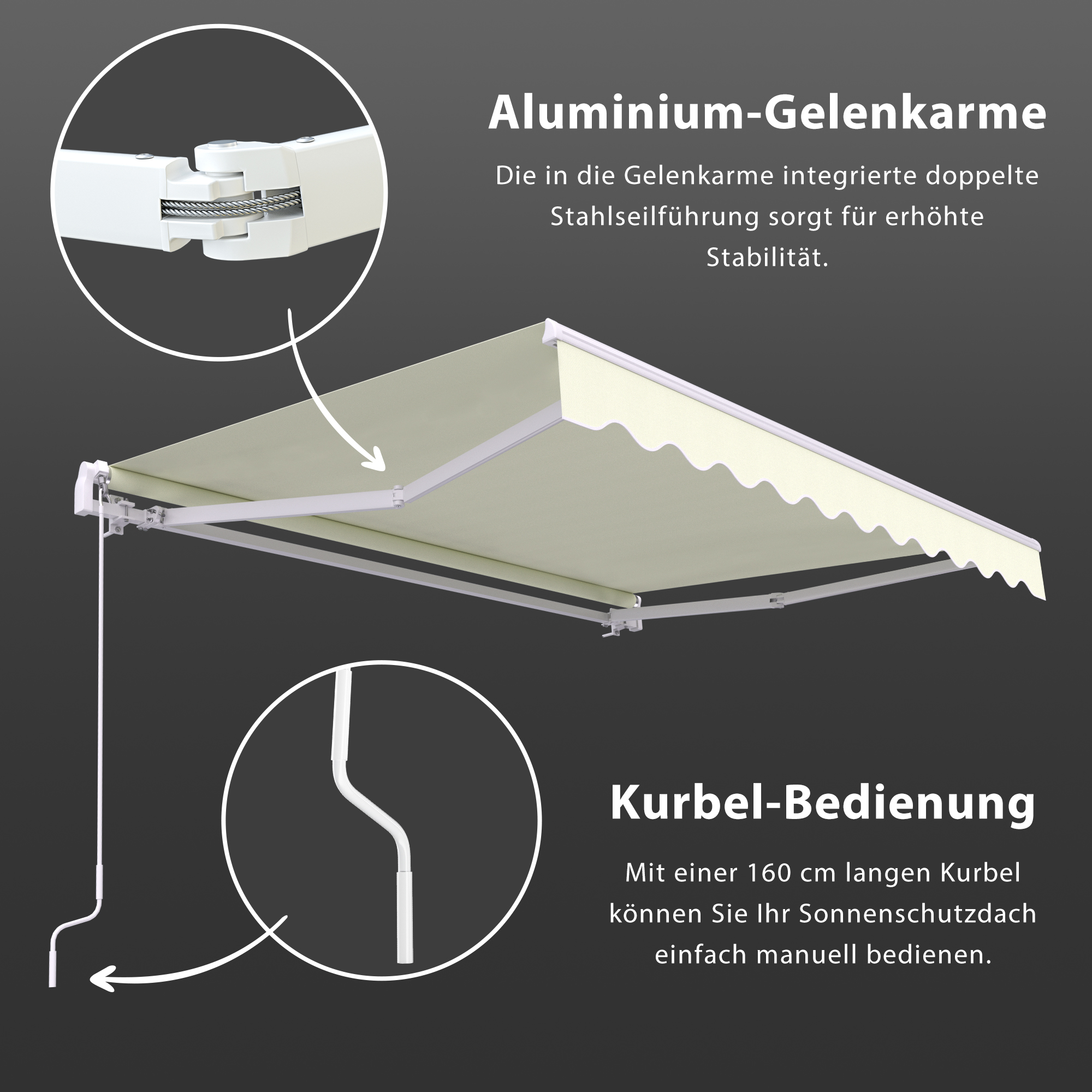 Markise mit Aluminium-Gelenkarmen und Kurbelbedienung für manuelle Anpassung
